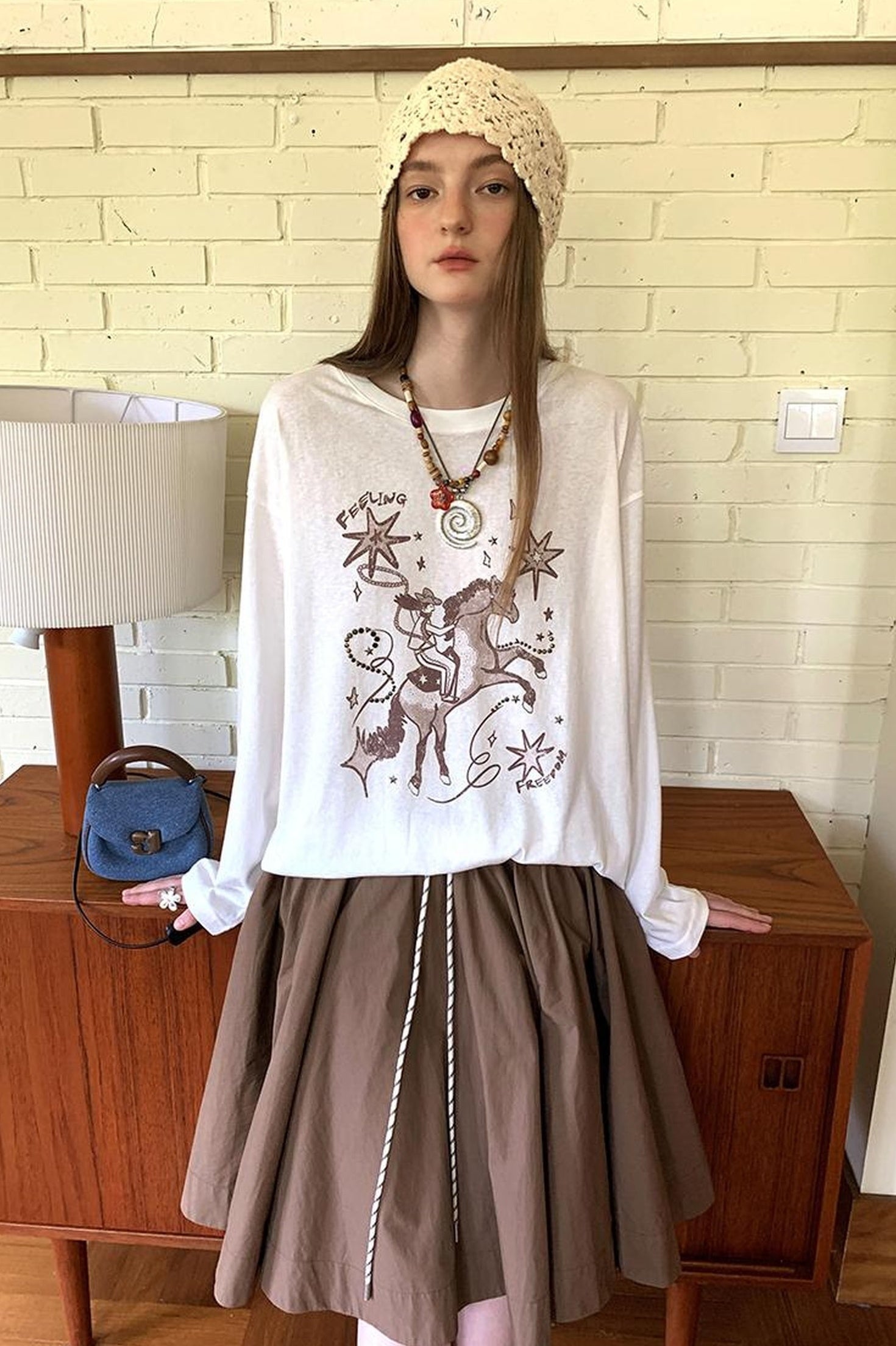 DIDDI MODA Vintage Western Cowboy Embellished Long Sleeve Tee