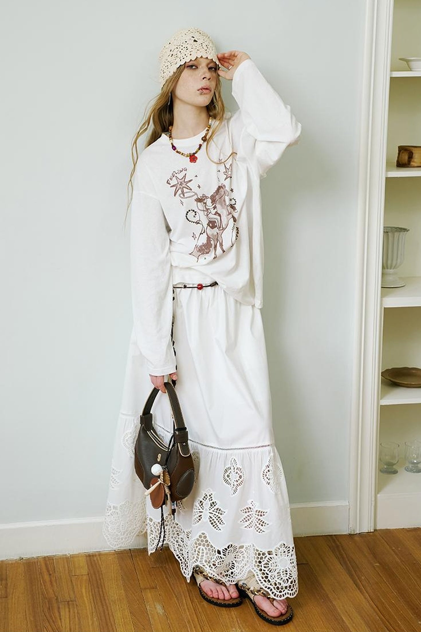 DIDDI MODA Vintage Western Cowboy Embellished Long Sleeve Tee