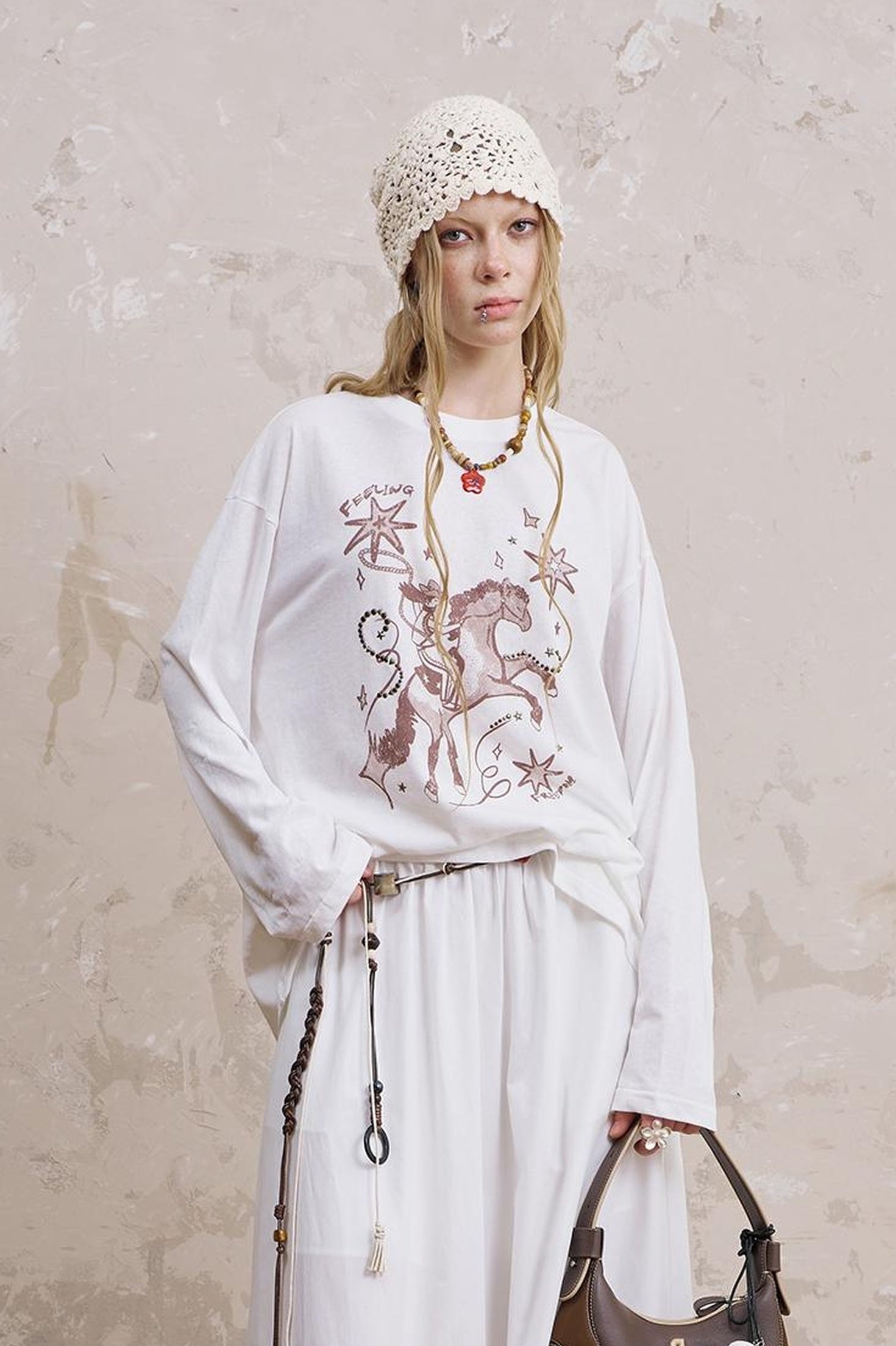 DIDDI MODA Vintage Western Cowboy Embellished Long Sleeve Tee