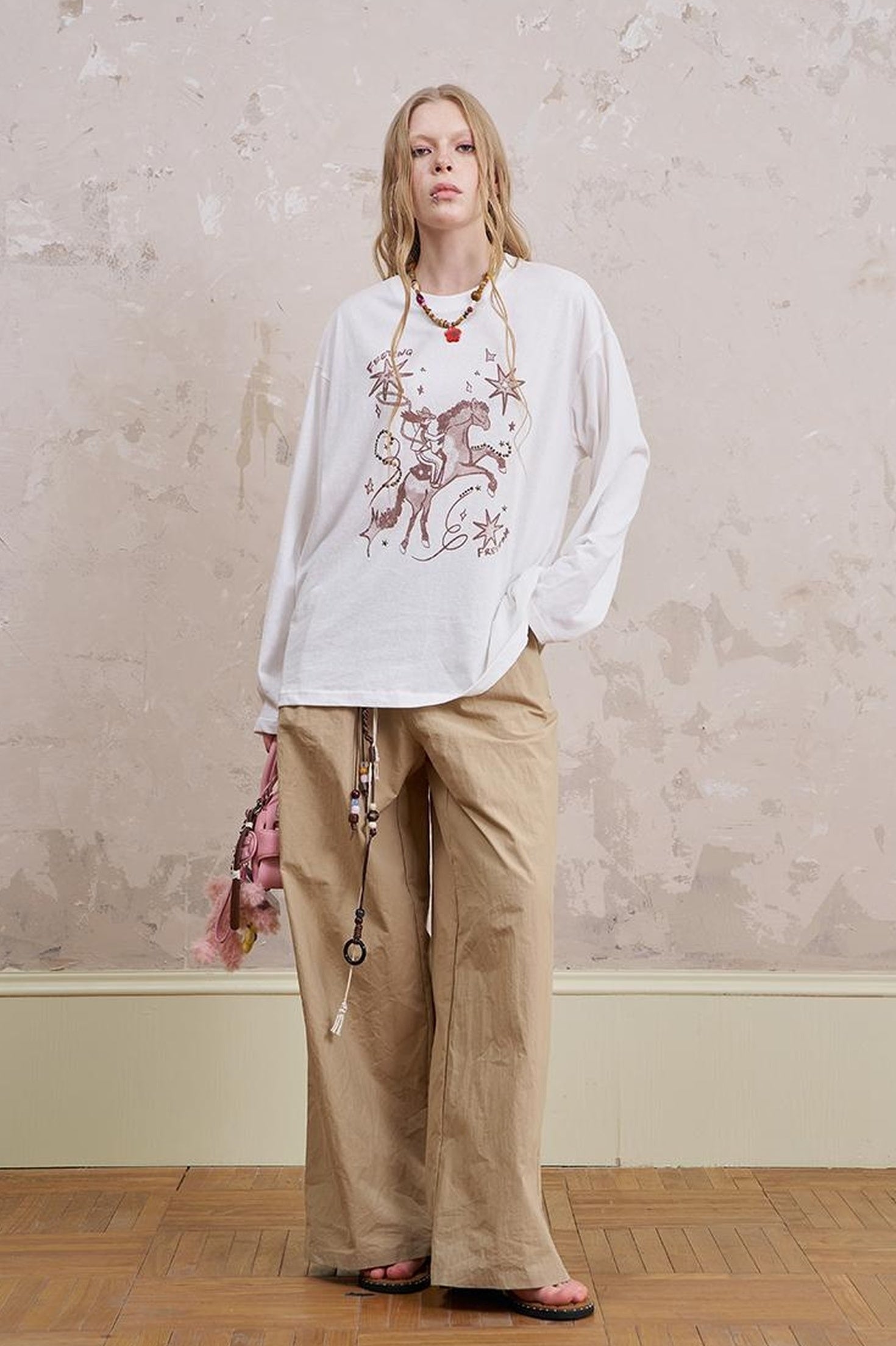 DIDDI MODA Vintage Western Cowboy Embellished Long Sleeve Tee