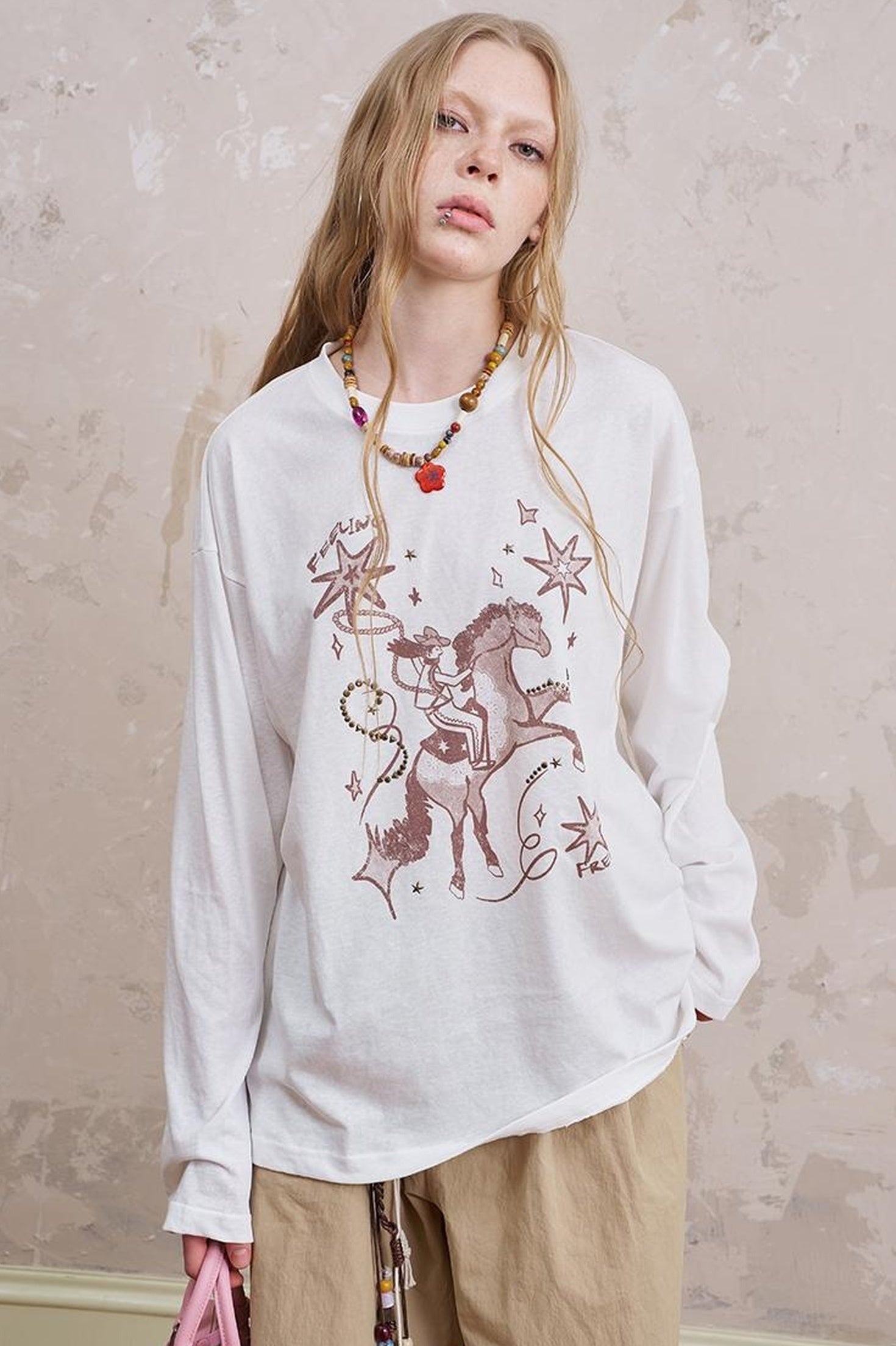 DIDDI MODA Vintage Western Cowboy Embellished Long Sleeve Tee