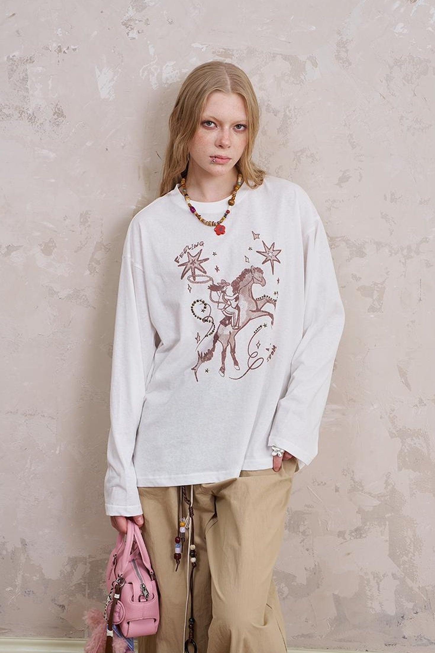 DIDDI MODA Vintage Western Cowboy Embellished Long Sleeve Tee