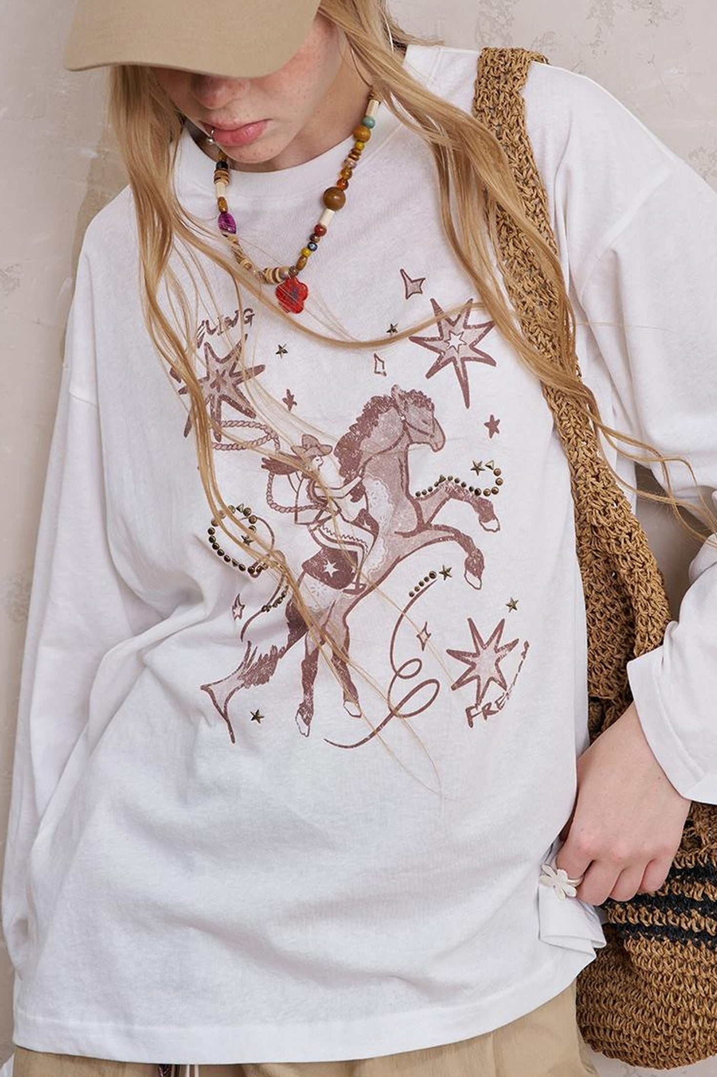 DIDDI MODA Vintage Western Cowboy Embellished Long Sleeve Tee