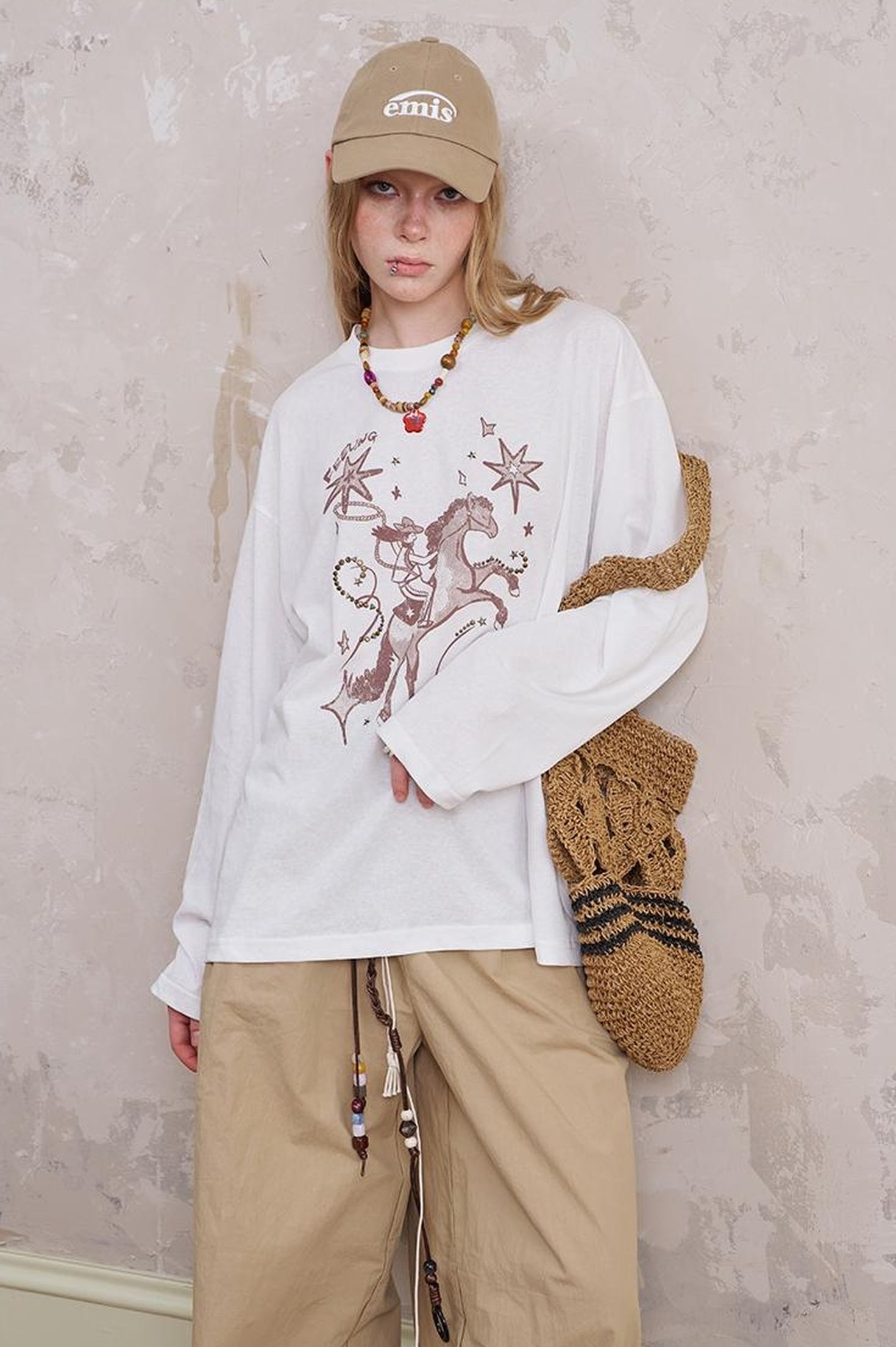 DIDDI MODA Vintage Western Cowboy Embellished Long Sleeve Tee
