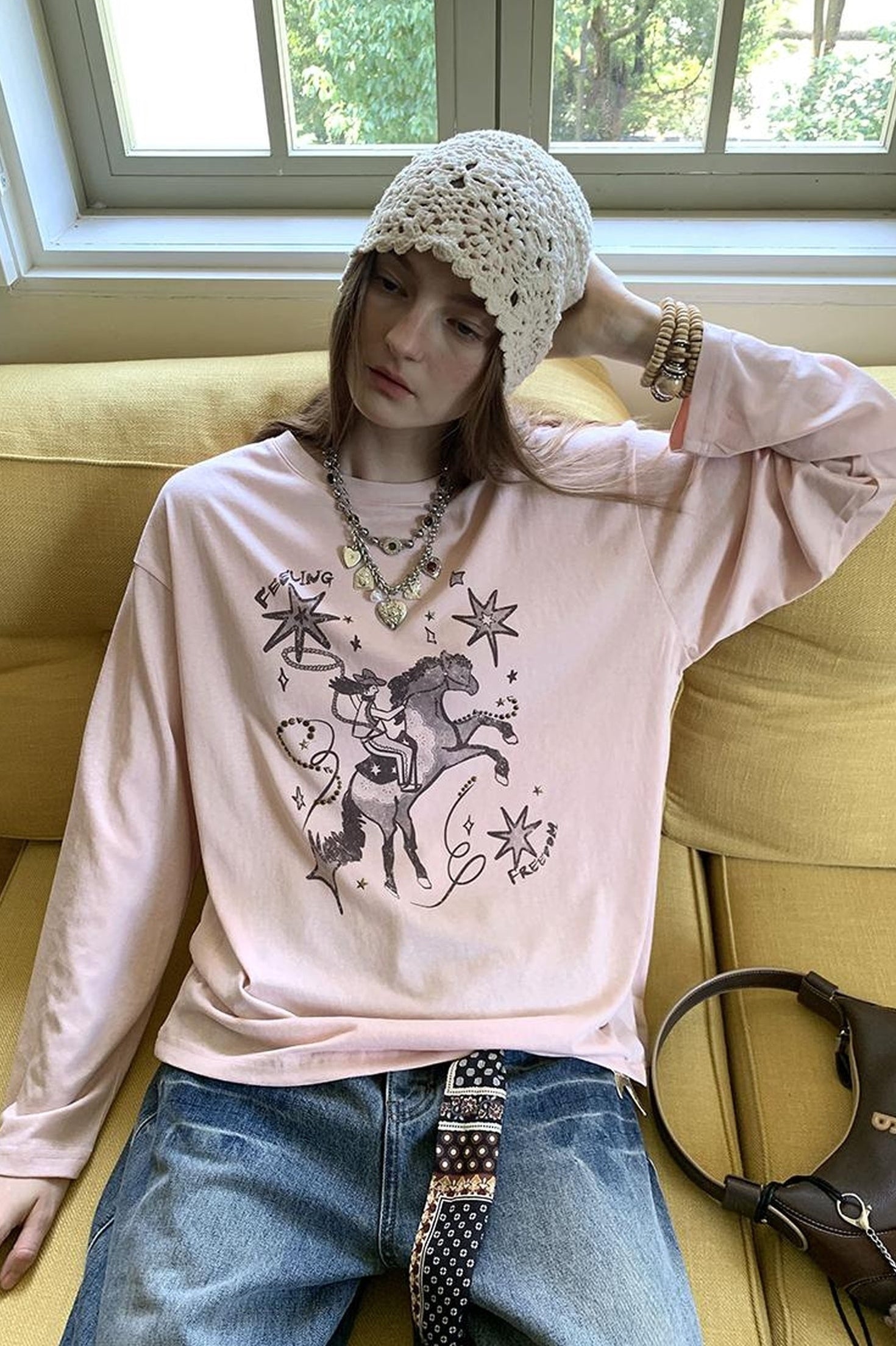 DIDDI MODA Vintage Western Cowboy Embellished Long Sleeve Tee