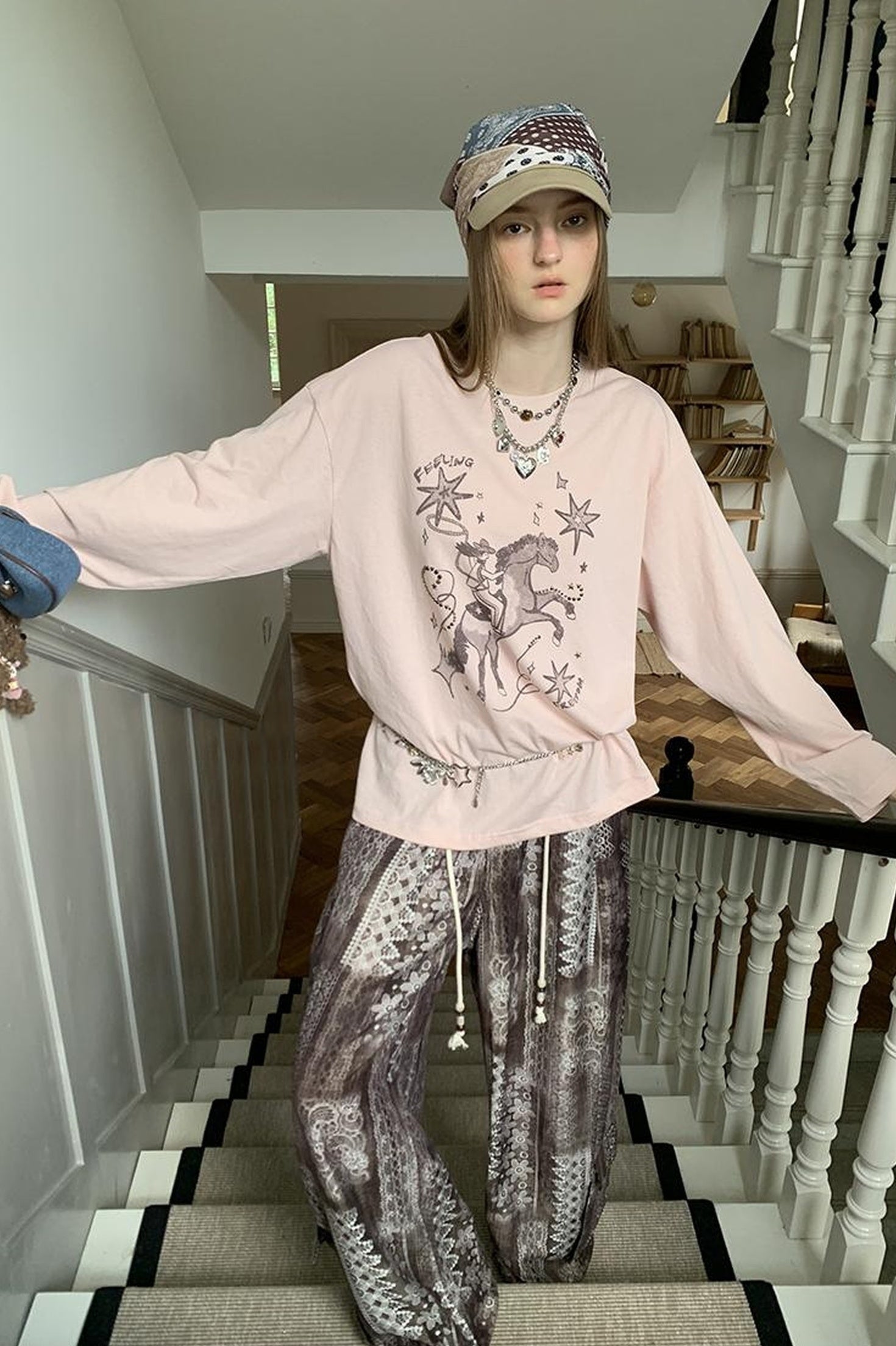 DIDDI MODA Vintage Western Cowboy Embellished Long Sleeve Tee