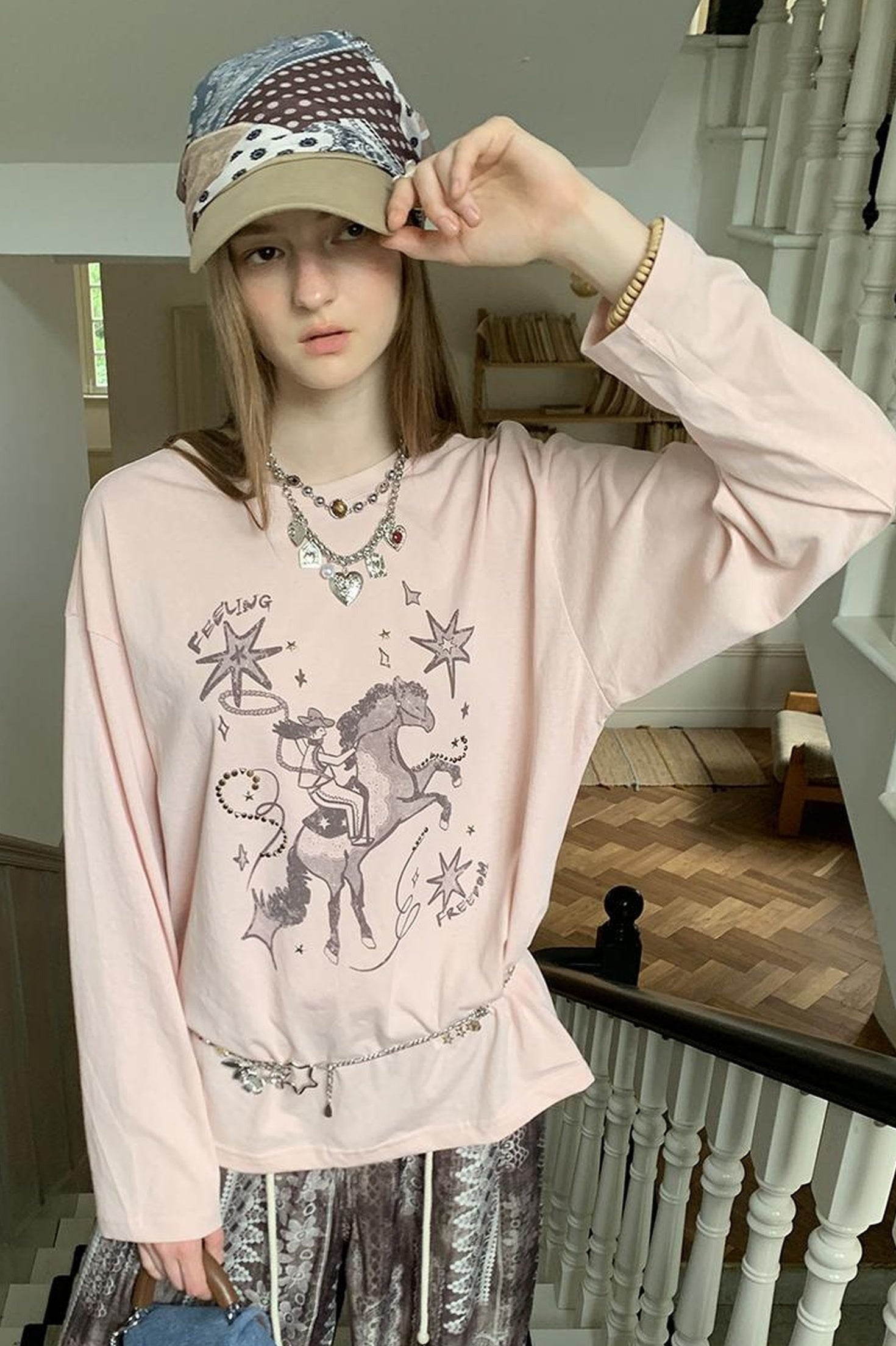 DIDDI MODA Vintage Western Cowboy Embellished Long Sleeve Tee