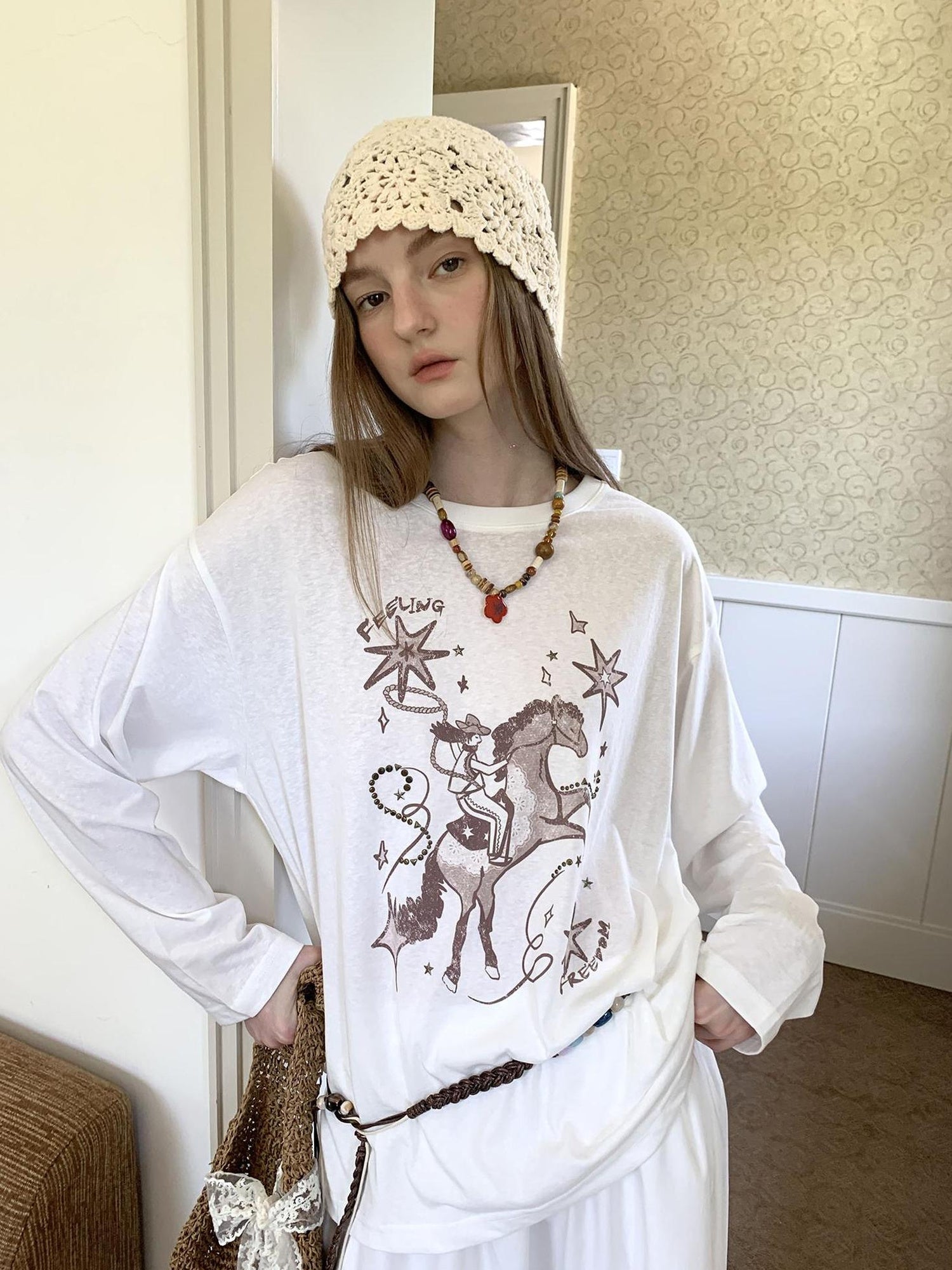DIDDI MODA Vintage Western Cowboy Embellished Long Sleeve Tee