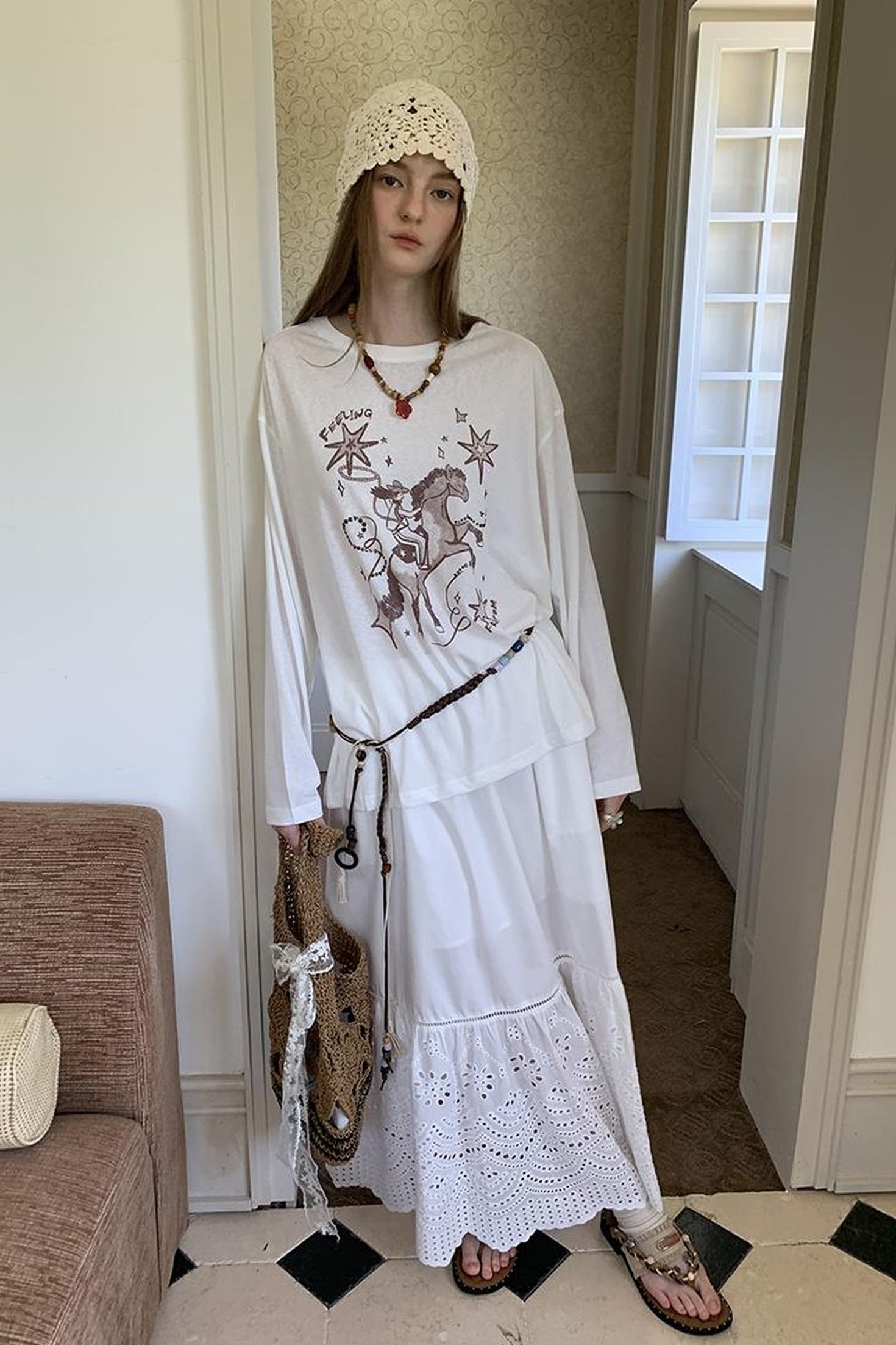 DIDDI MODA Vintage Western Cowboy Embellished Long Sleeve Tee