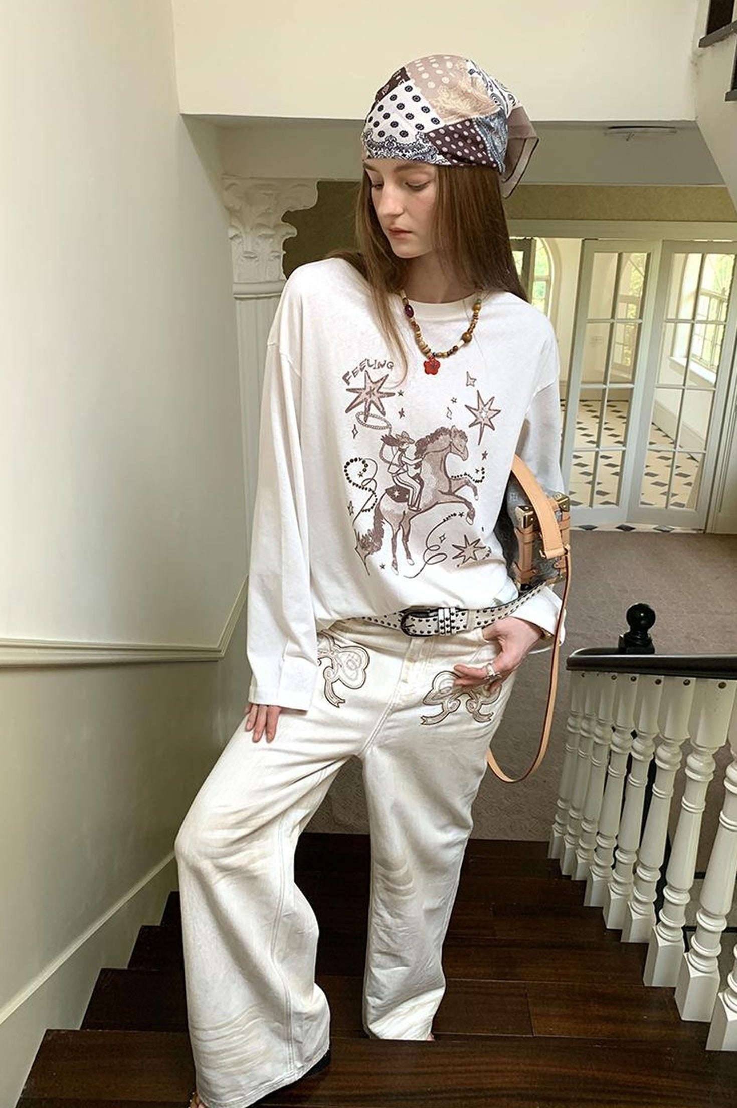 DIDDI MODA Vintage Western Cowboy Embellished Long Sleeve Tee