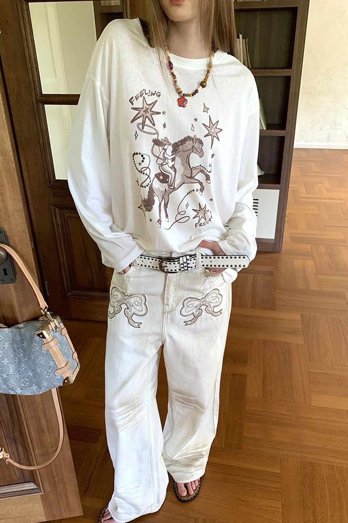 DIDDI MODA Vintage Western Cowboy Embellished Long Sleeve Tee