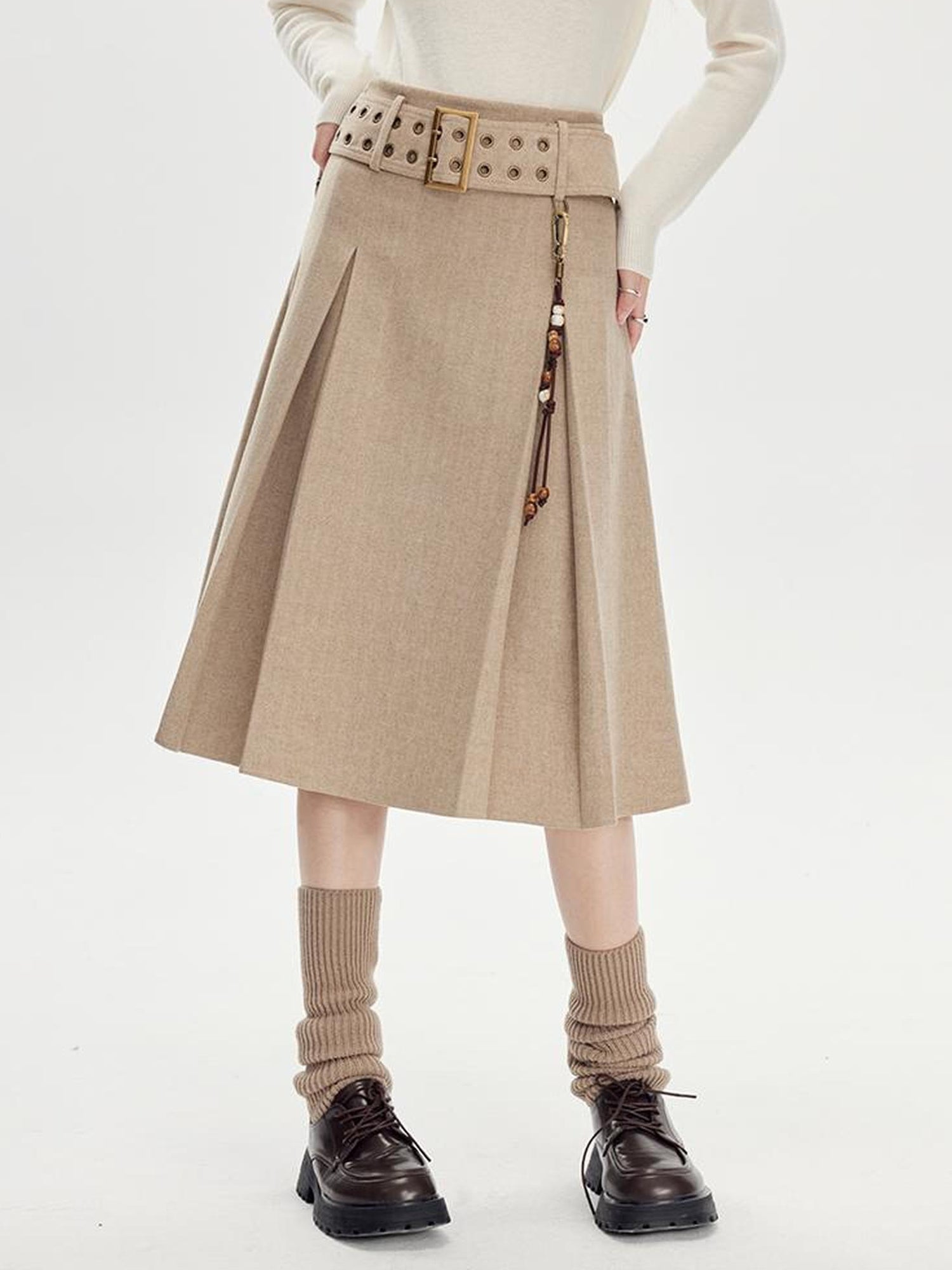 DIDDI MODA Vintage Wool Plaid A Line Skirt With Wide Belt Beaded Charm