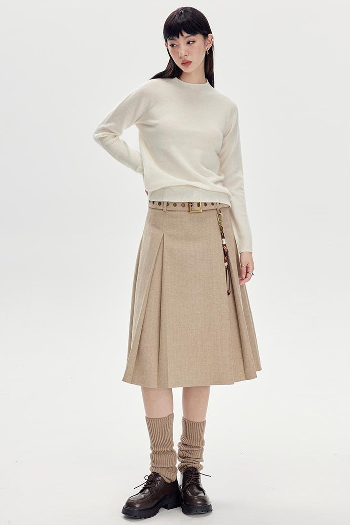 DIDDI MODA Vintage Wool Plaid A Line Skirt With Wide Belt Beaded Charm