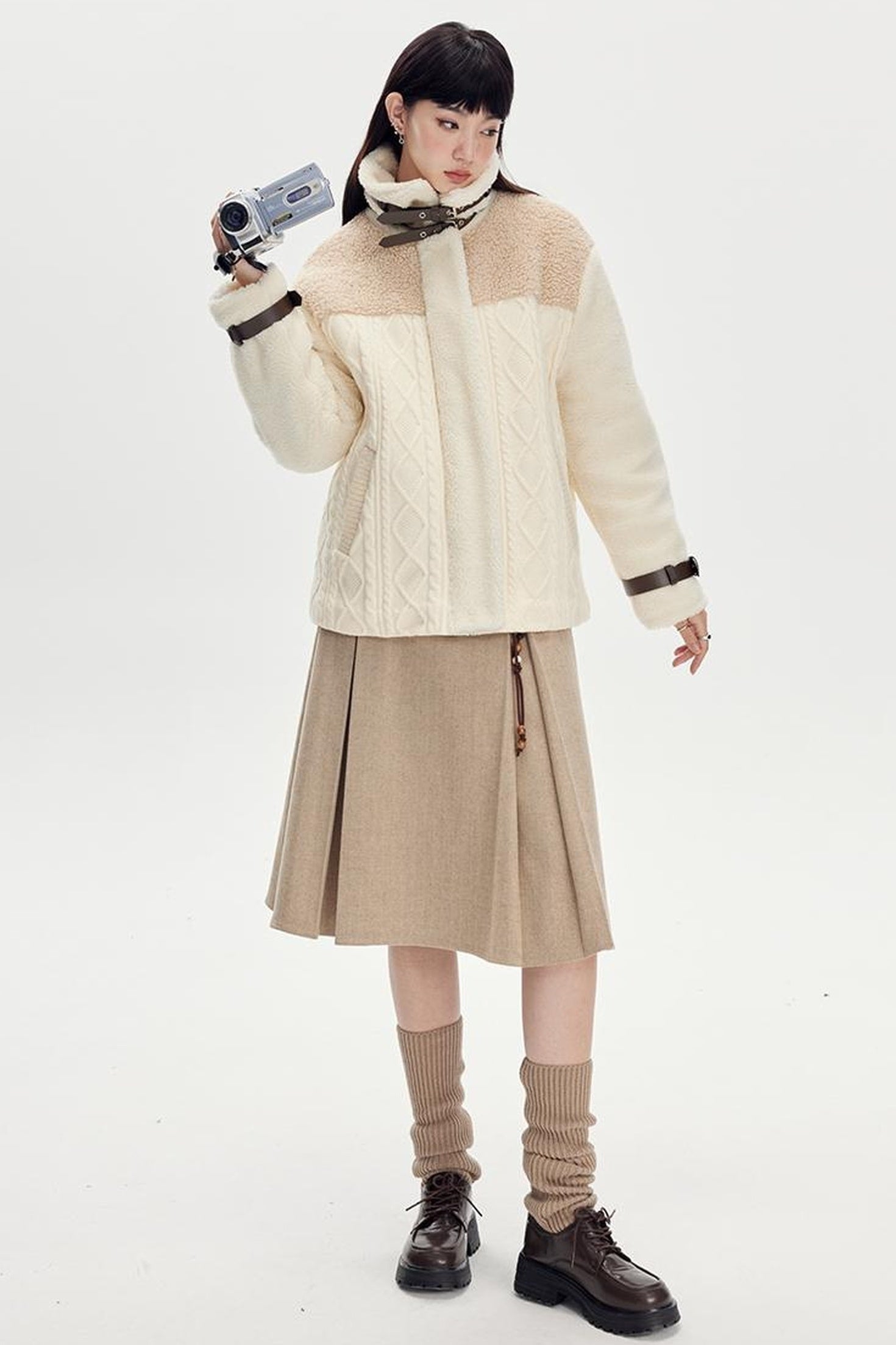 DIDDI MODA Vintage Wool Plaid A Line Skirt With Wide Belt Beaded Charm