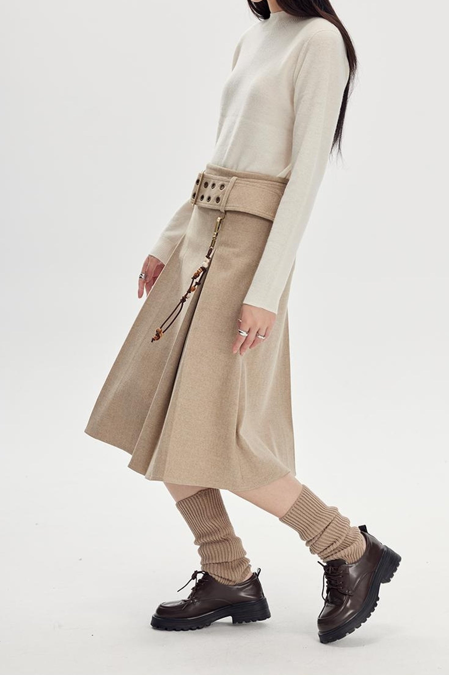 DIDDI MODA Vintage Wool Plaid A Line Skirt With Wide Belt Beaded Charm