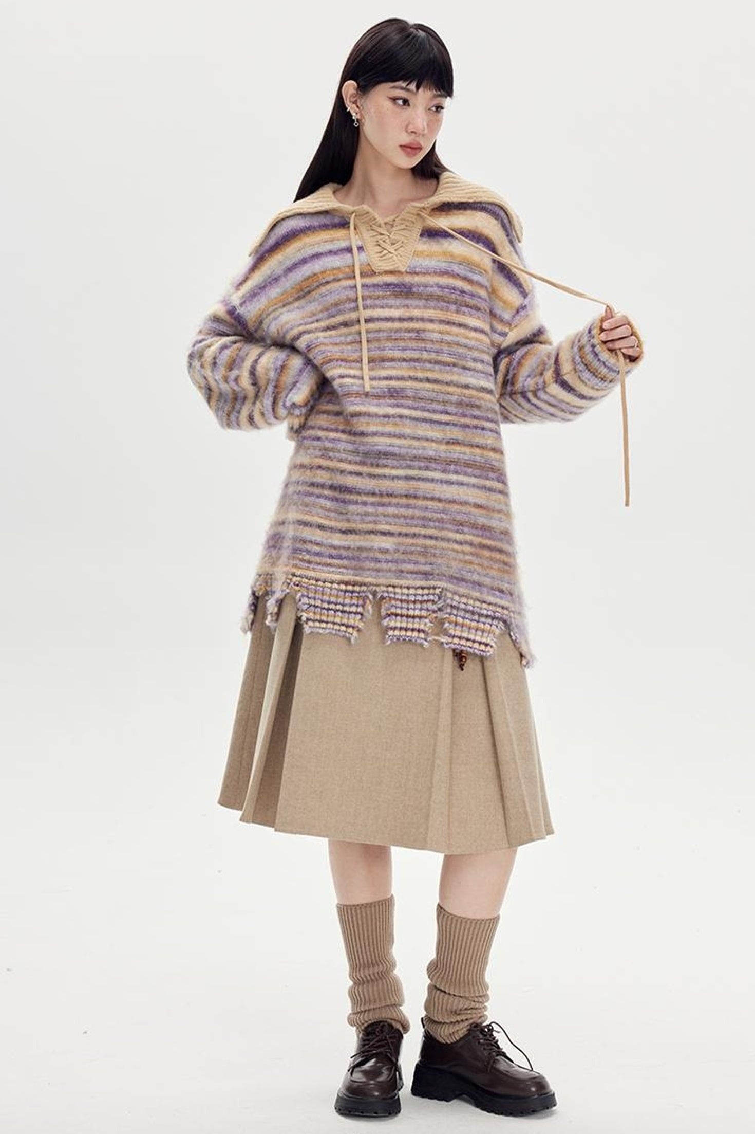 DIDDI MODA Vintage Wool Plaid A Line Skirt With Wide Belt Beaded Charm