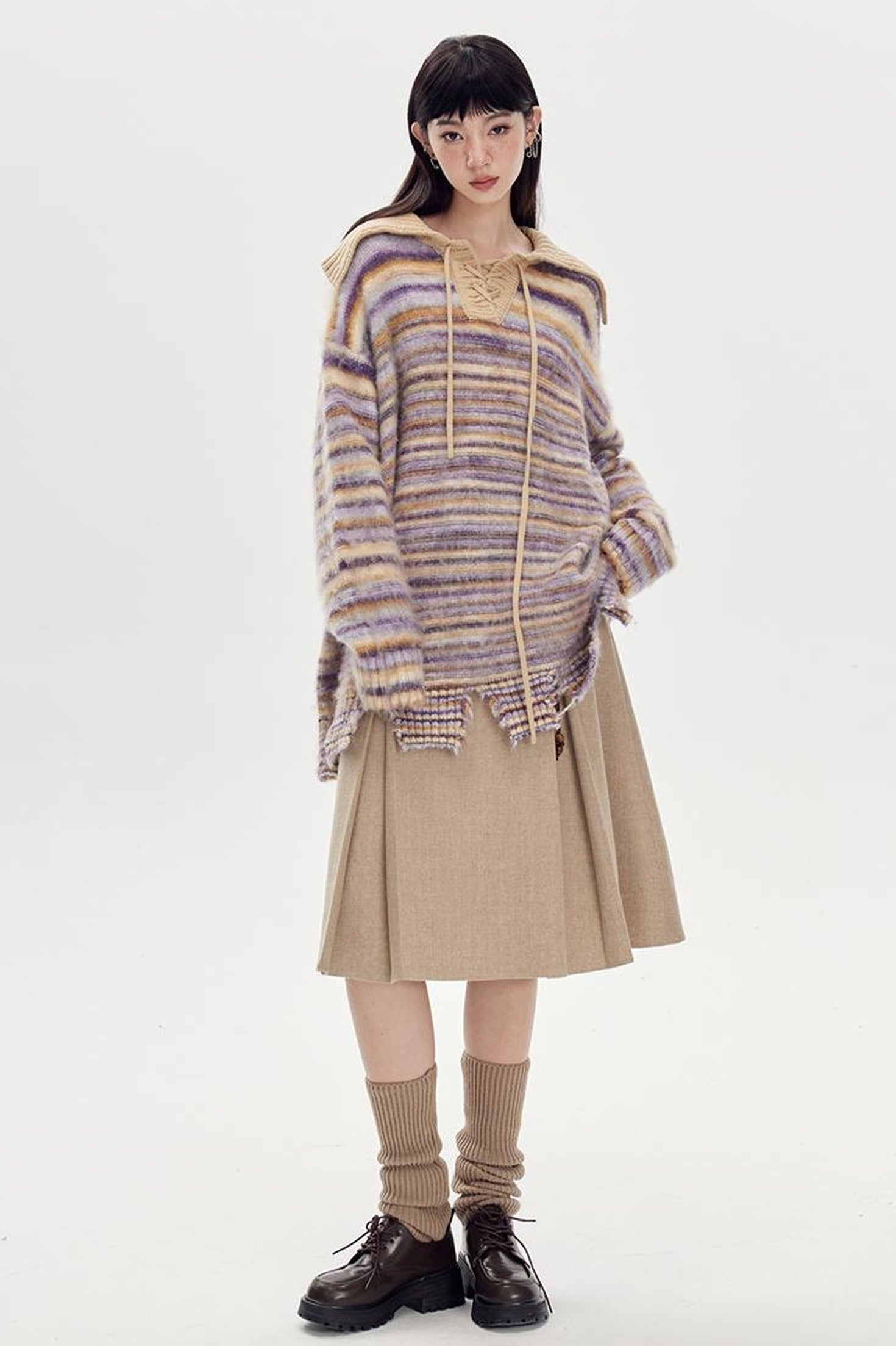 DIDDI MODA Vintage Wool Plaid A Line Skirt With Wide Belt Beaded Charm