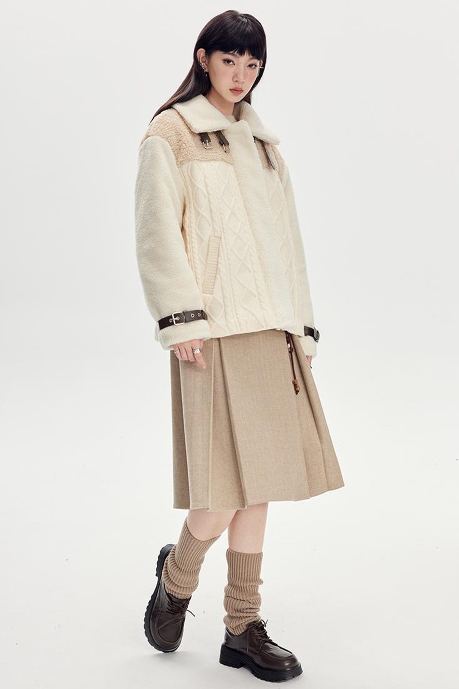 DIDDI MODA Vintage Wool Plaid A Line Skirt With Wide Belt Beaded Charm