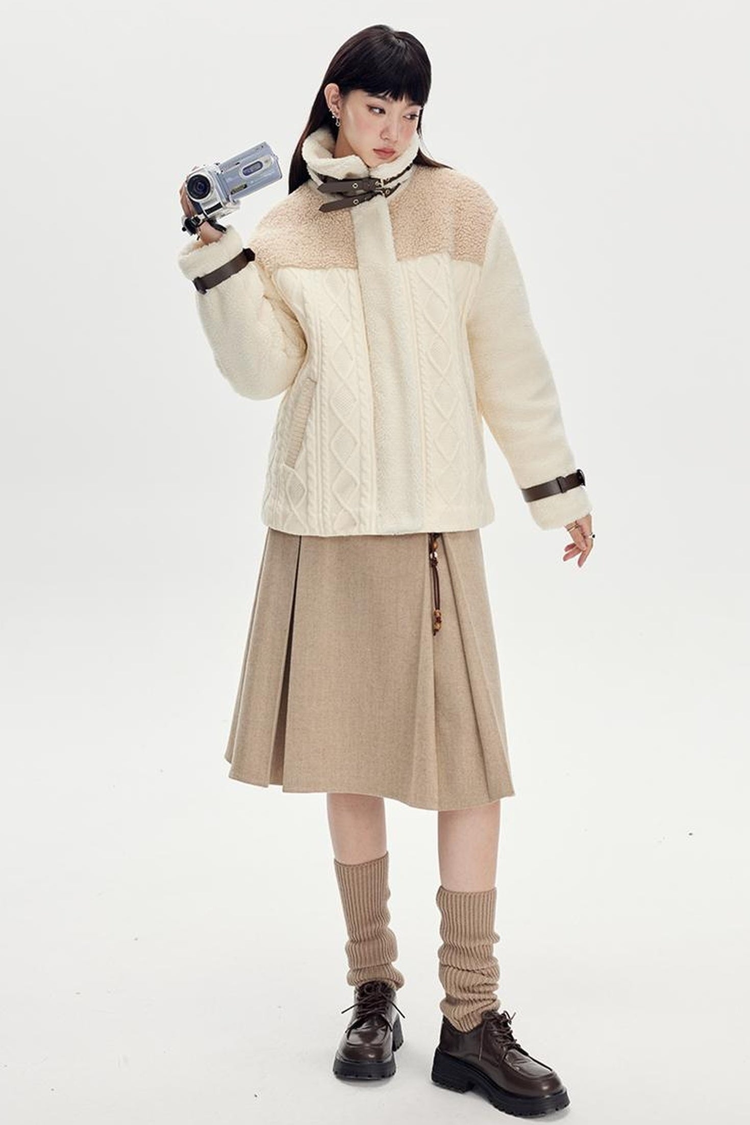 DIDDI MODA Vintage Wool Plaid A Line Skirt With Wide Belt Beaded Charm