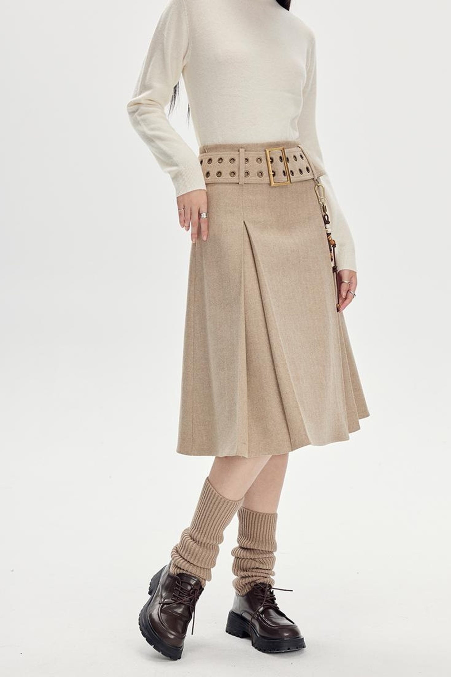 DIDDI MODA Vintage Wool Plaid A Line Skirt With Wide Belt Beaded Charm