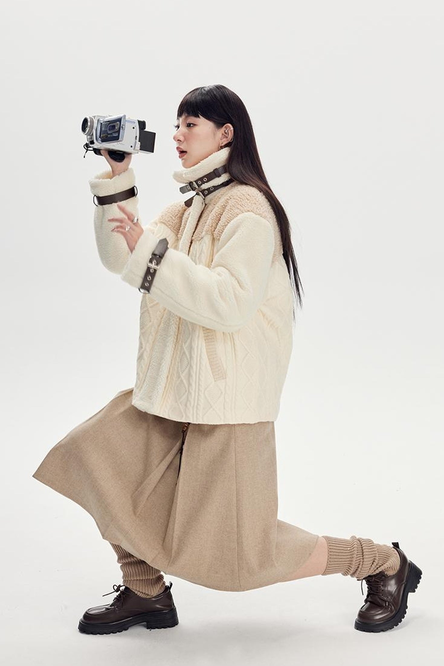 DIDDI MODA Vintage Wool Plaid A Line Skirt With Wide Belt Beaded Charm