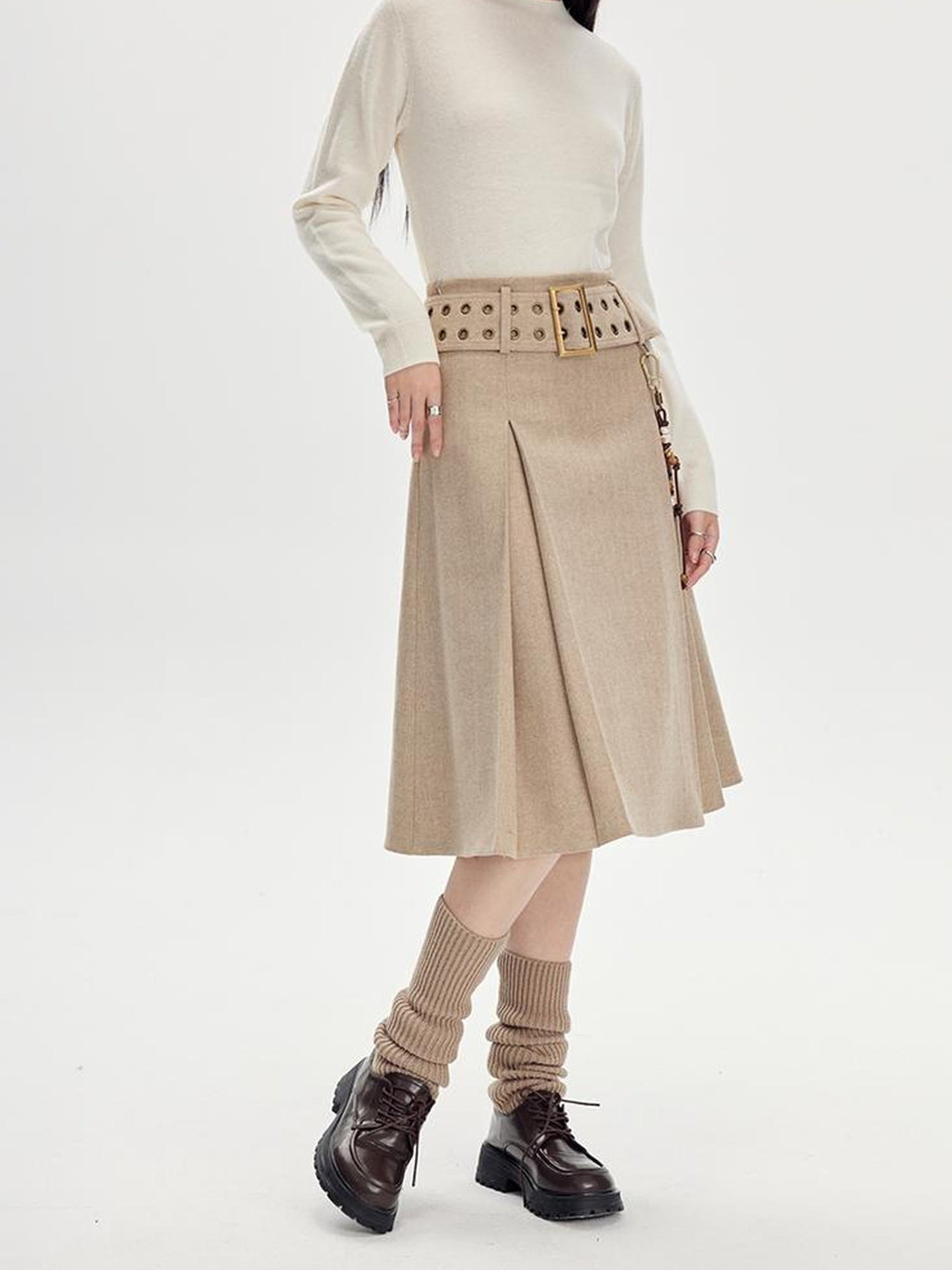 DIDDI MODA Vintage Wool Plaid A Line Skirt With Wide Belt Beaded Charm