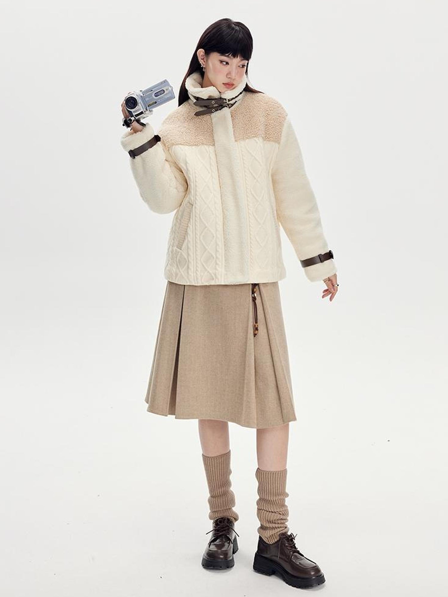 DIDDI MODA Vintage Wool Plaid A Line Skirt With Wide Belt Beaded Charm