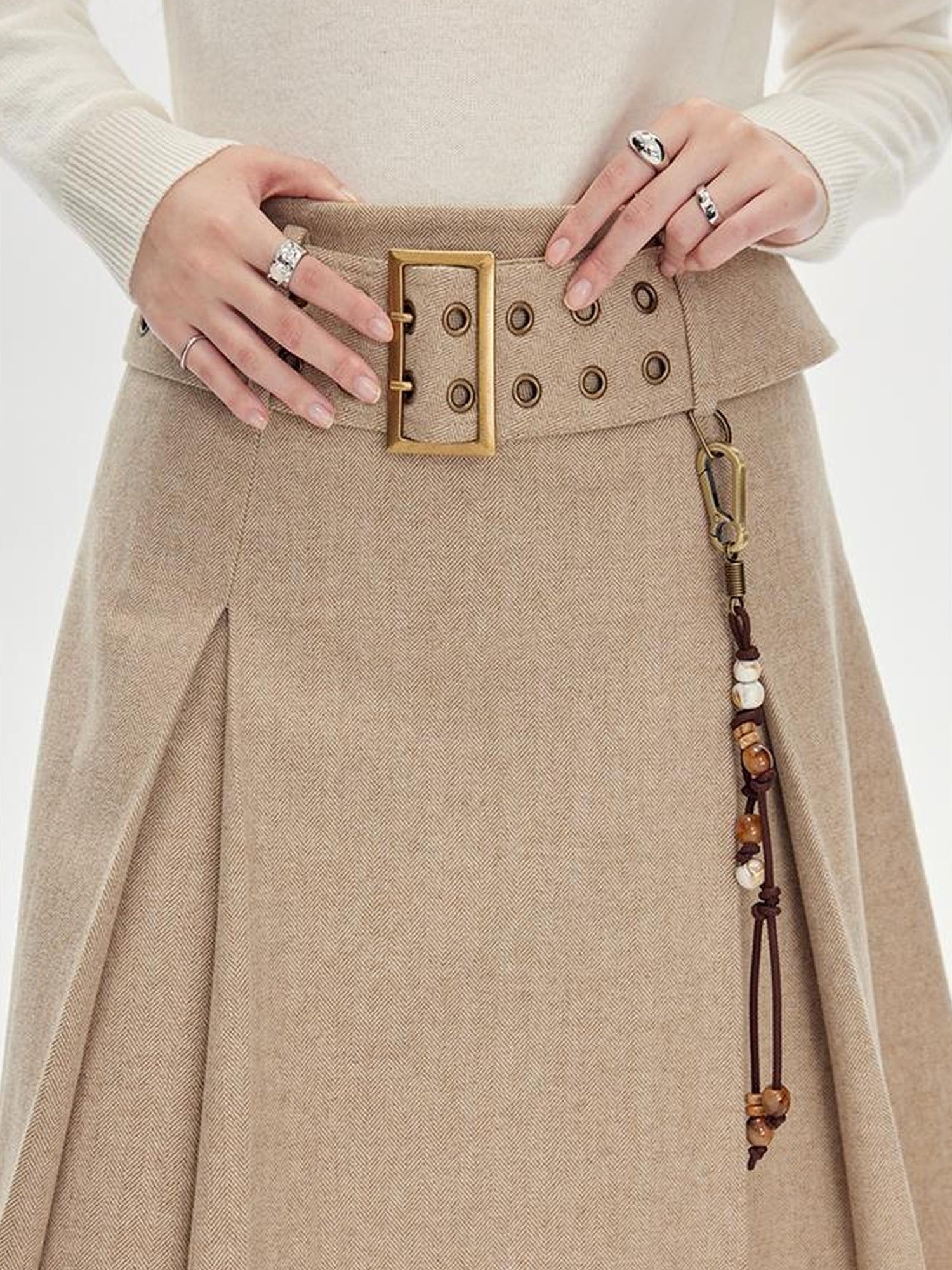 DIDDI MODA Vintage Wool Plaid A Line Skirt With Wide Belt Beaded Charm