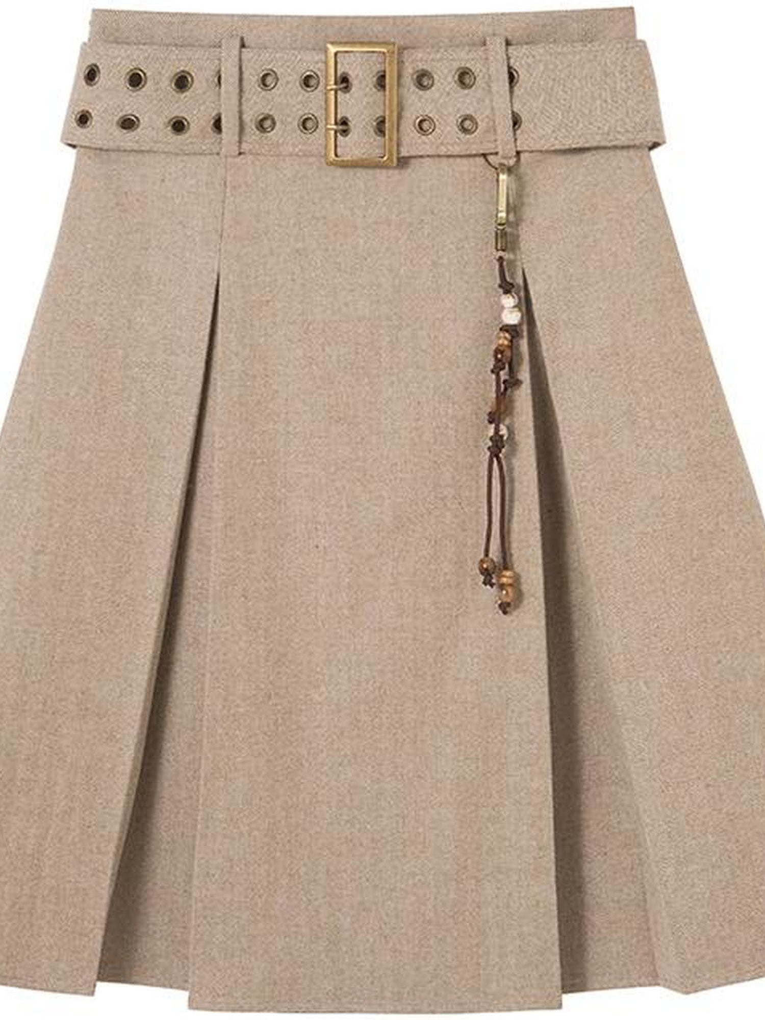 DIDDI MODA Vintage Wool Plaid A Line Skirt With Wide Belt Beaded Charm