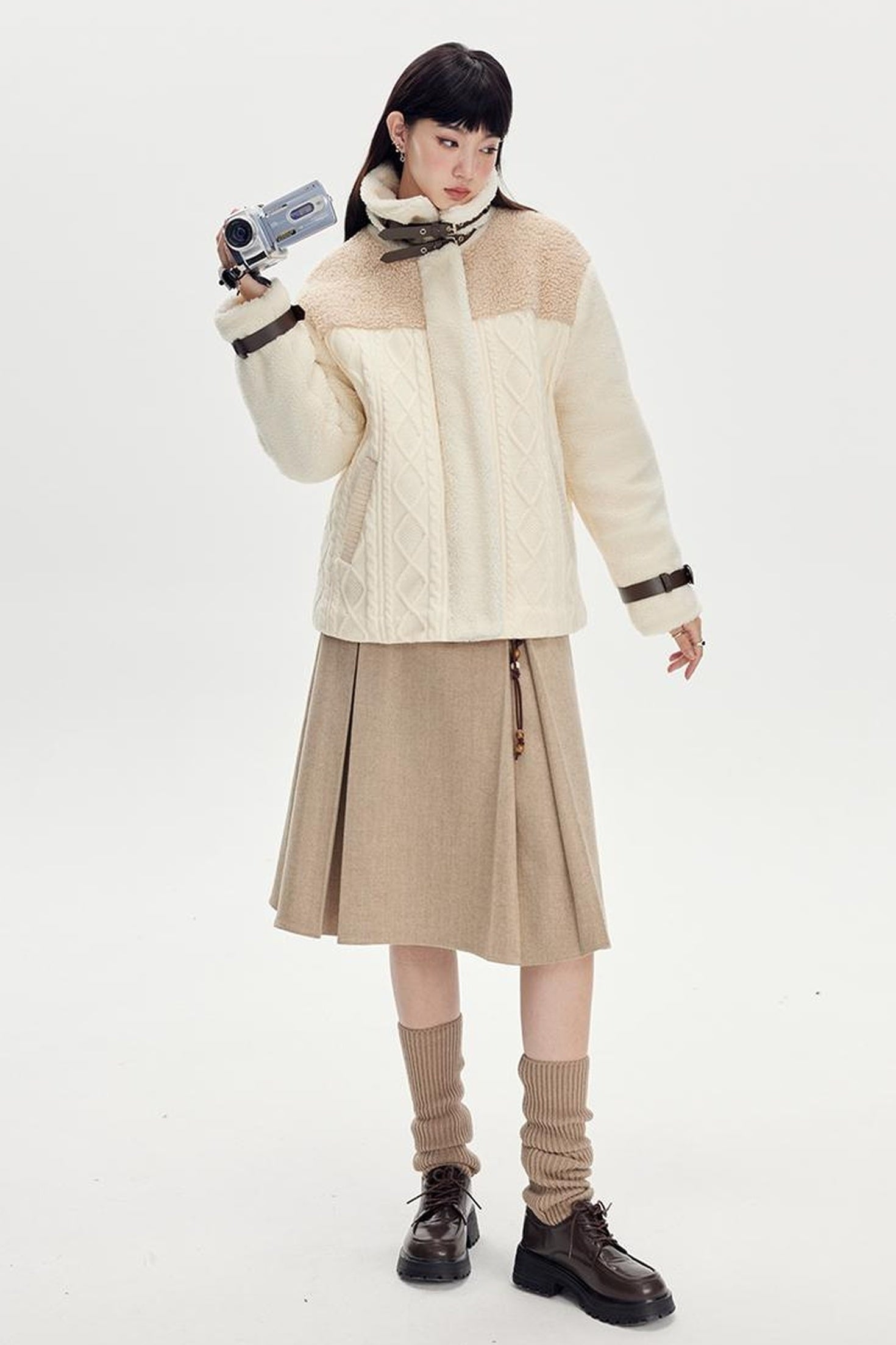 DIDDI MODA Vintage Wool Plaid A Line Skirt With Wide Belt Beaded Charm