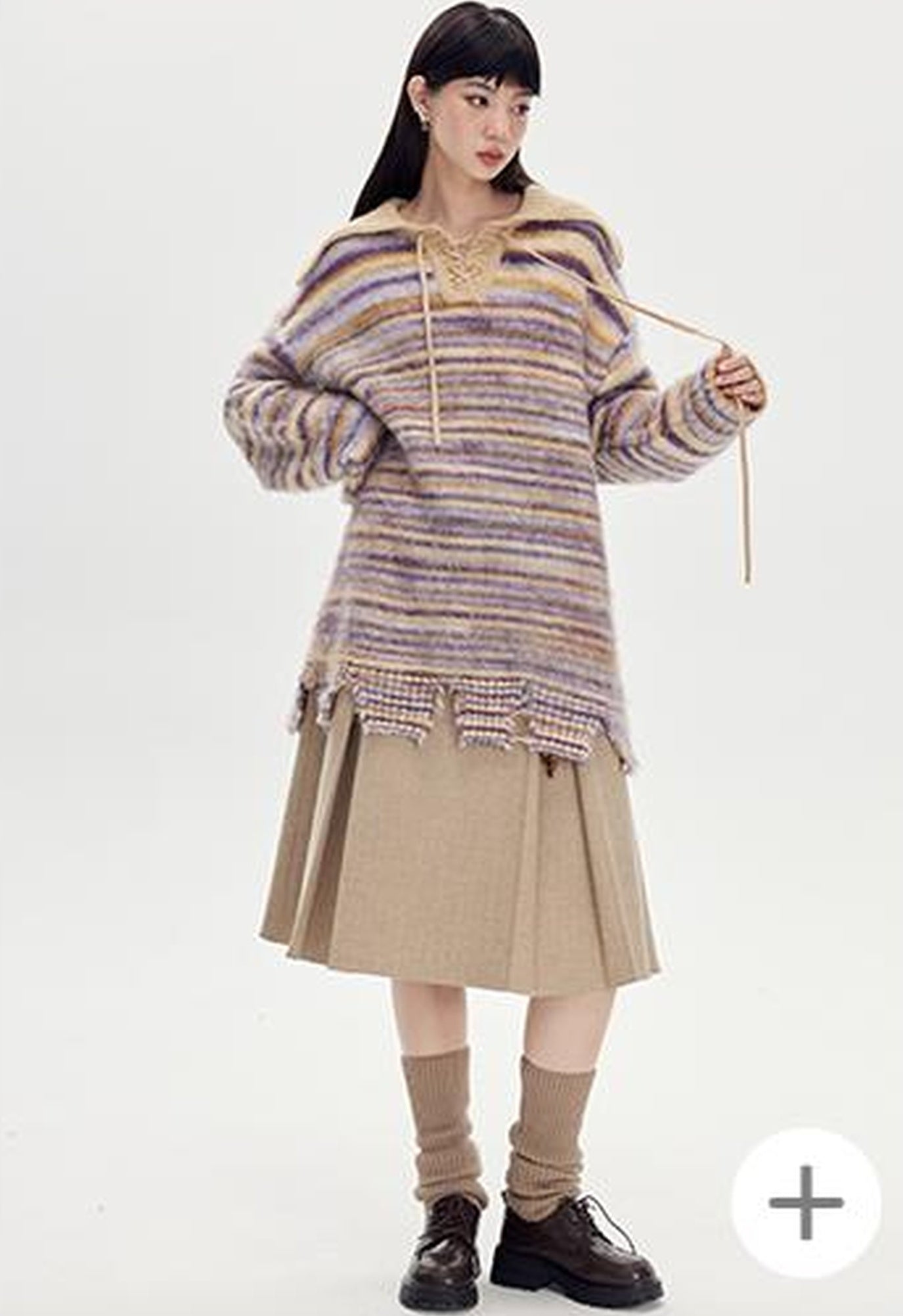 DIDDI MODA Vintage Wool Plaid A Line Skirt With Wide Belt Beaded Charm