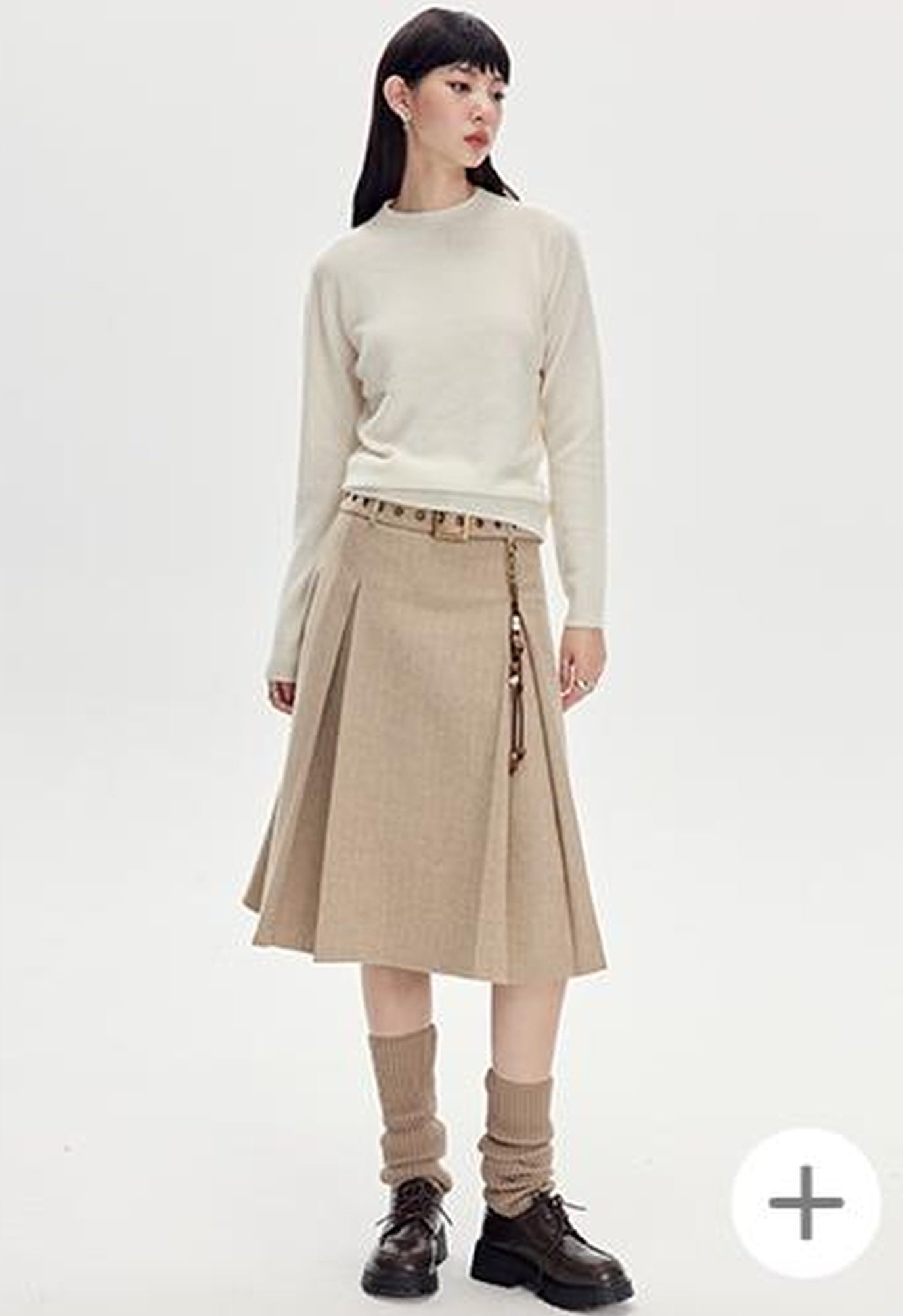 DIDDI MODA Vintage Wool Plaid A Line Skirt With Wide Belt Beaded Charm