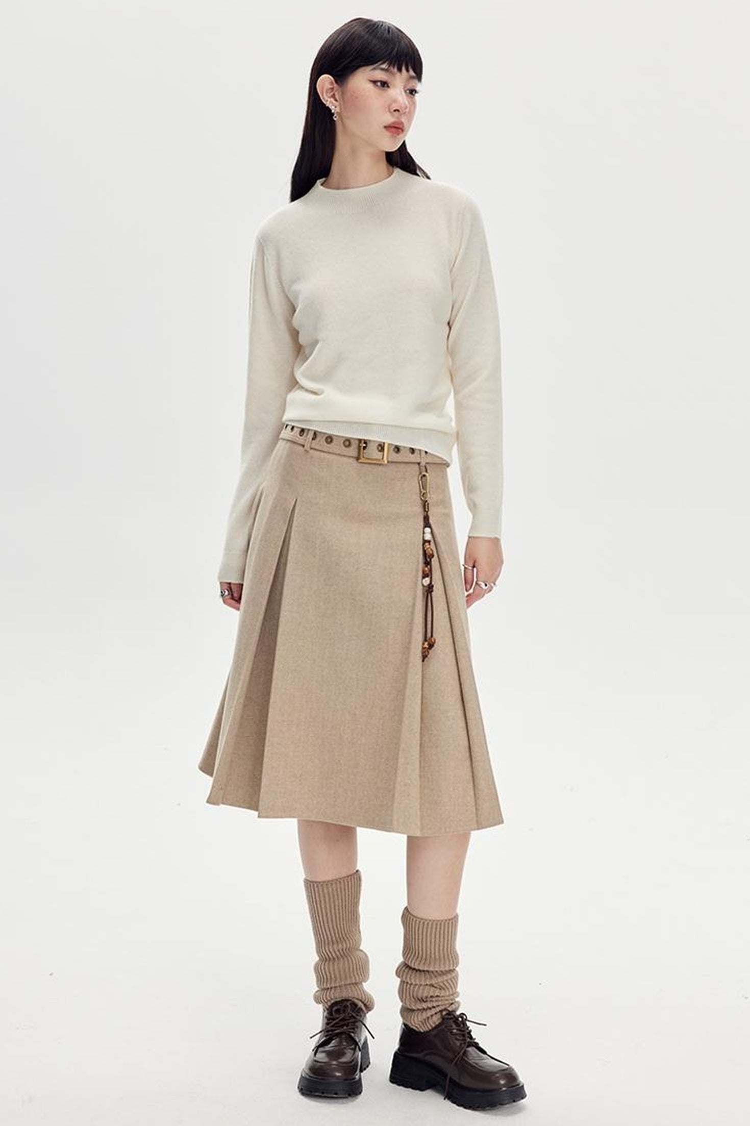 DIDDI MODA Vintage Wool Plaid A Line Skirt With Wide Belt Beaded Charm