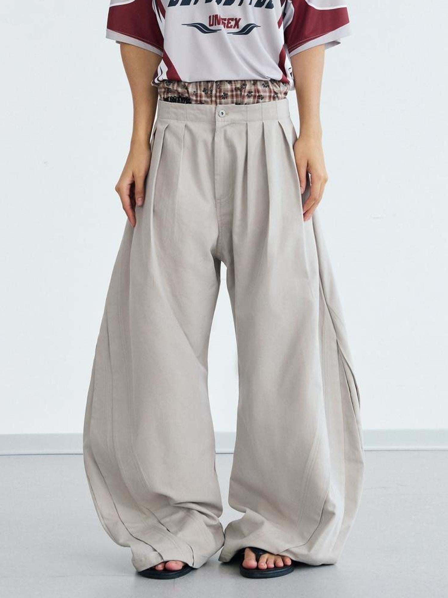 Peoplesense Vintage Wrinkle Drape Curved Knife Trousers Loose Fit Polyester Gray