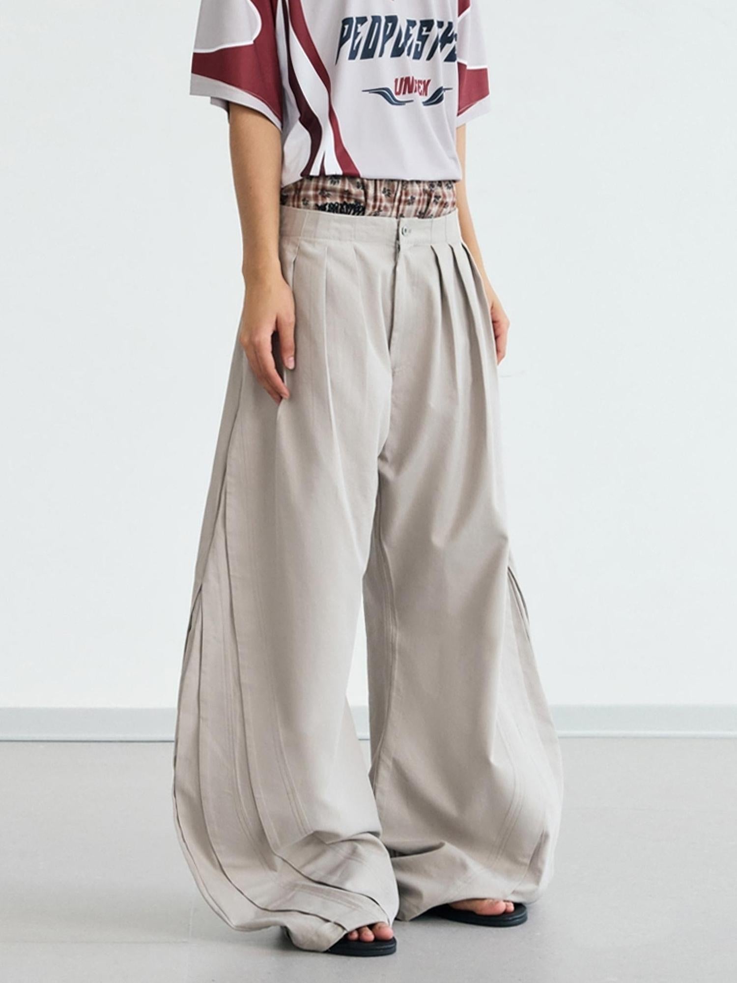 Peoplesense Vintage Wrinkle Drape Curved Knife Trousers Loose Fit Polyester Gray