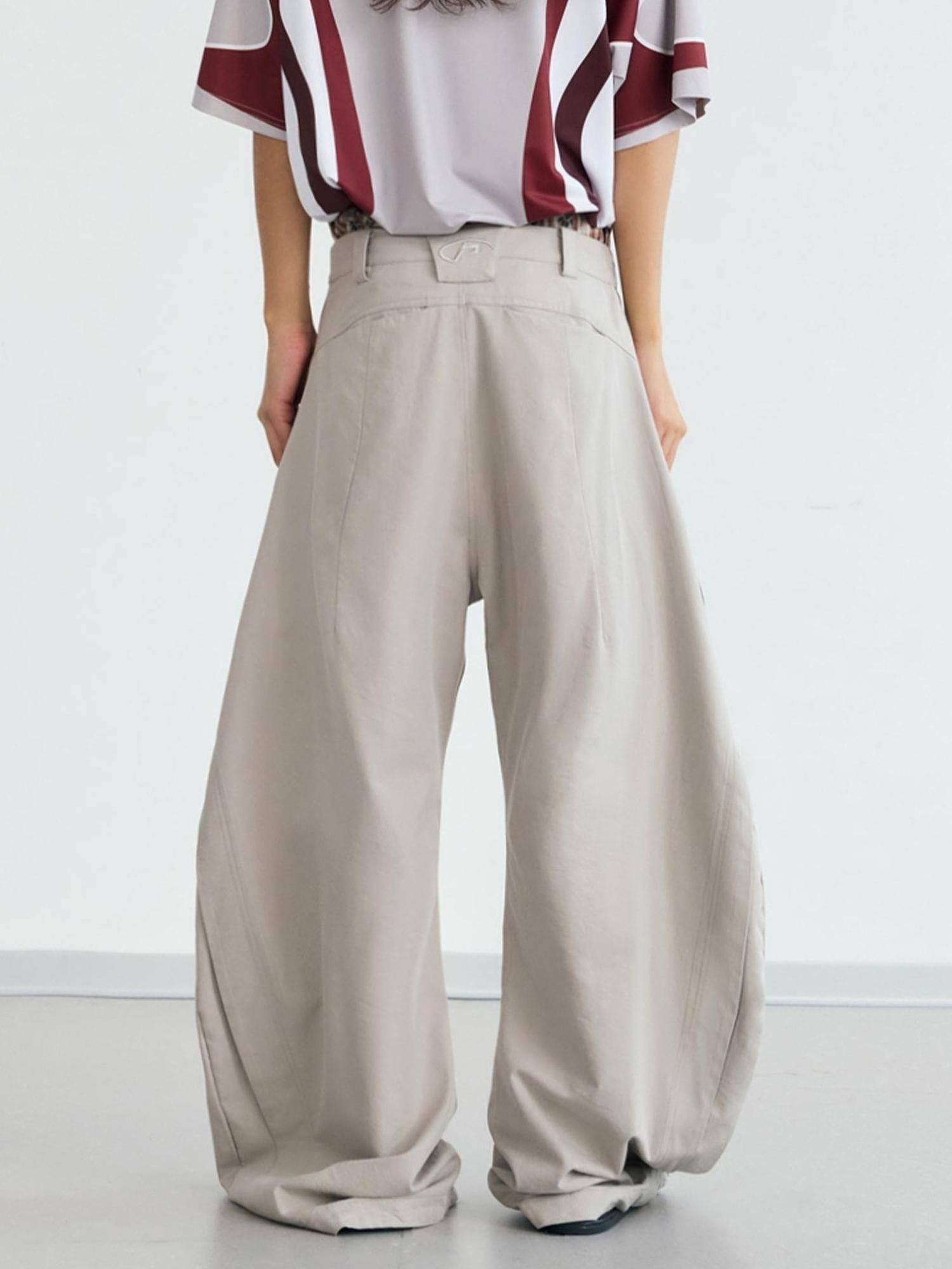 Peoplesense Vintage Wrinkle Drape Curved Knife Trousers Loose Fit Polyester Gray