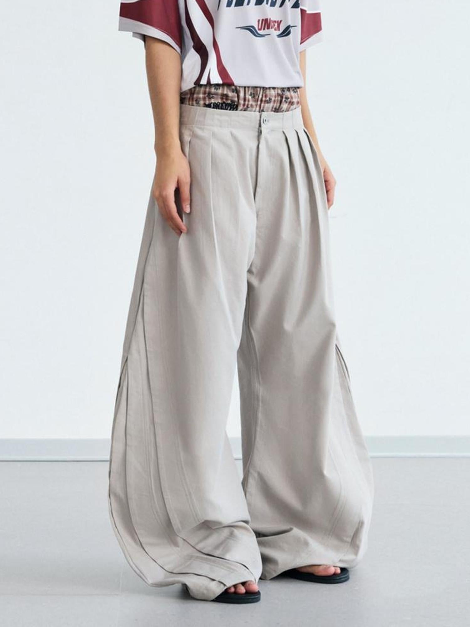 Peoplesense Vintage Wrinkle Drape Curved Knife Trousers Loose Fit Polyester Gray