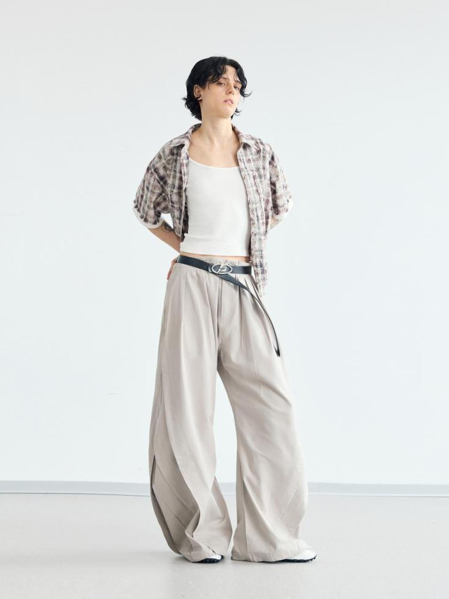Peoplesense Vintage Wrinkle Drape Curved Knife Trousers Loose Fit Polyester Gray