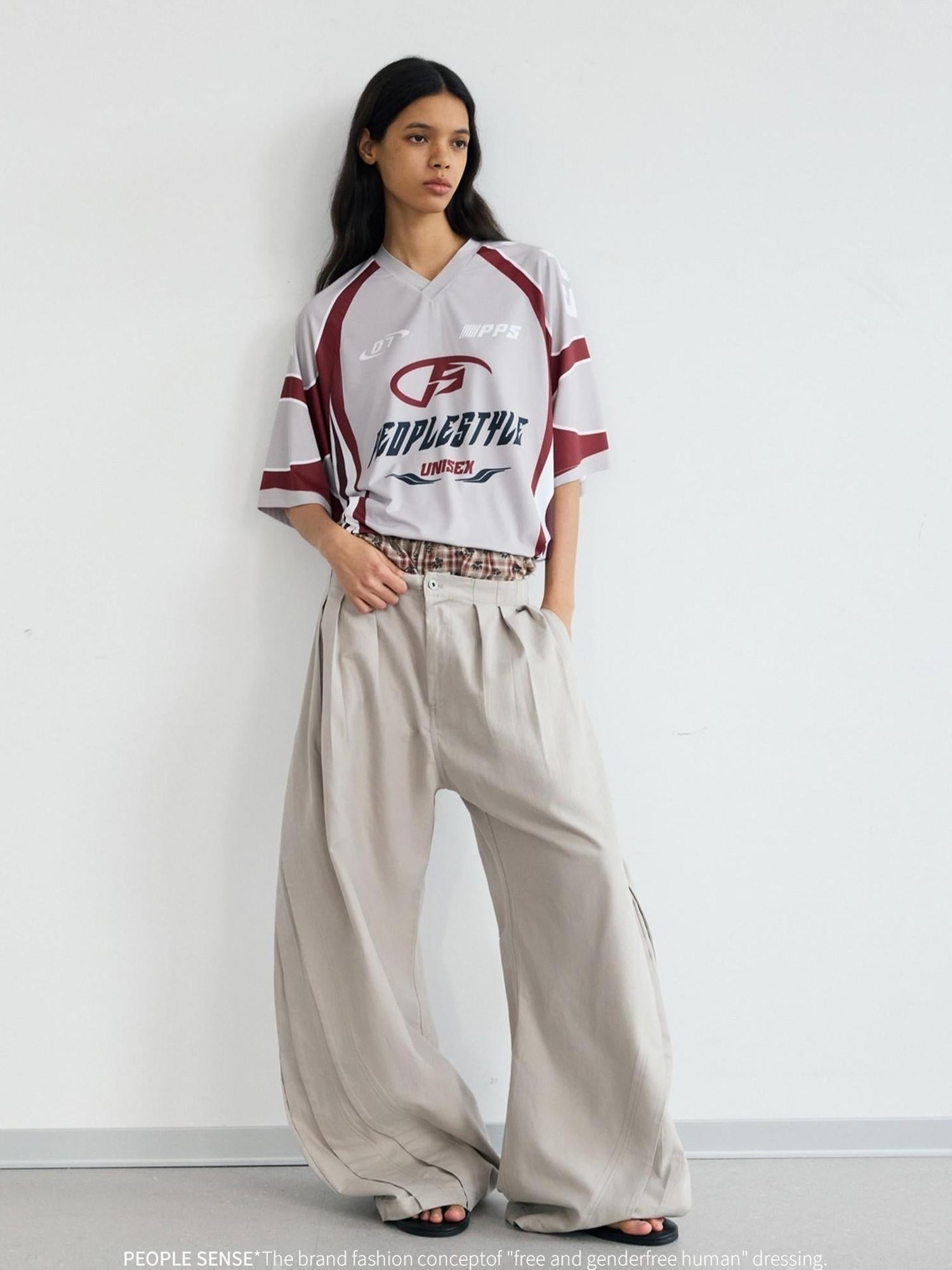 Peoplesense Vintage Wrinkle Drape Curved Knife Trousers Loose Fit Polyester Gray