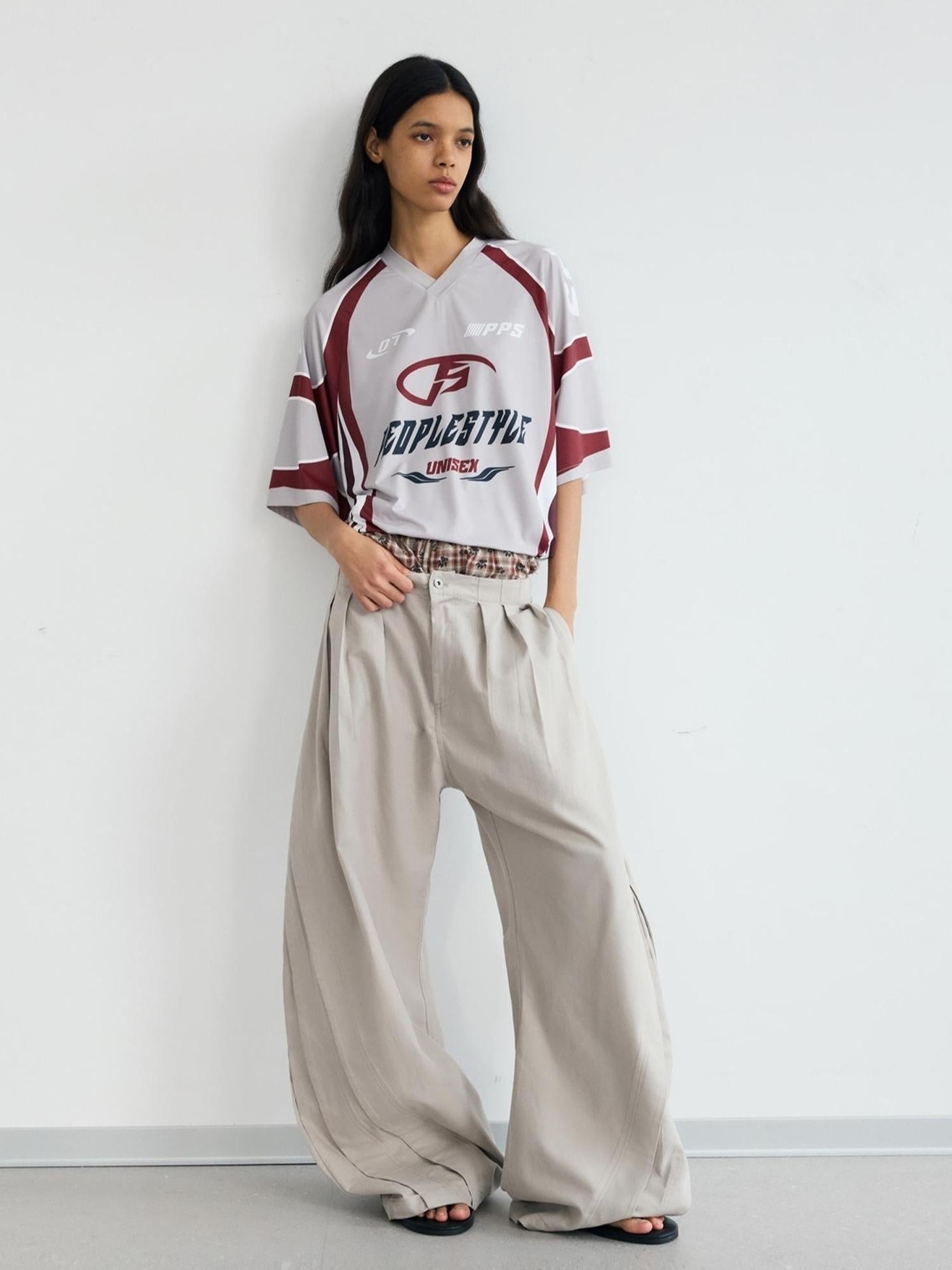 Peoplesense Vintage Wrinkle Drape Curved Knife Trousers Loose Fit Polyester Gray