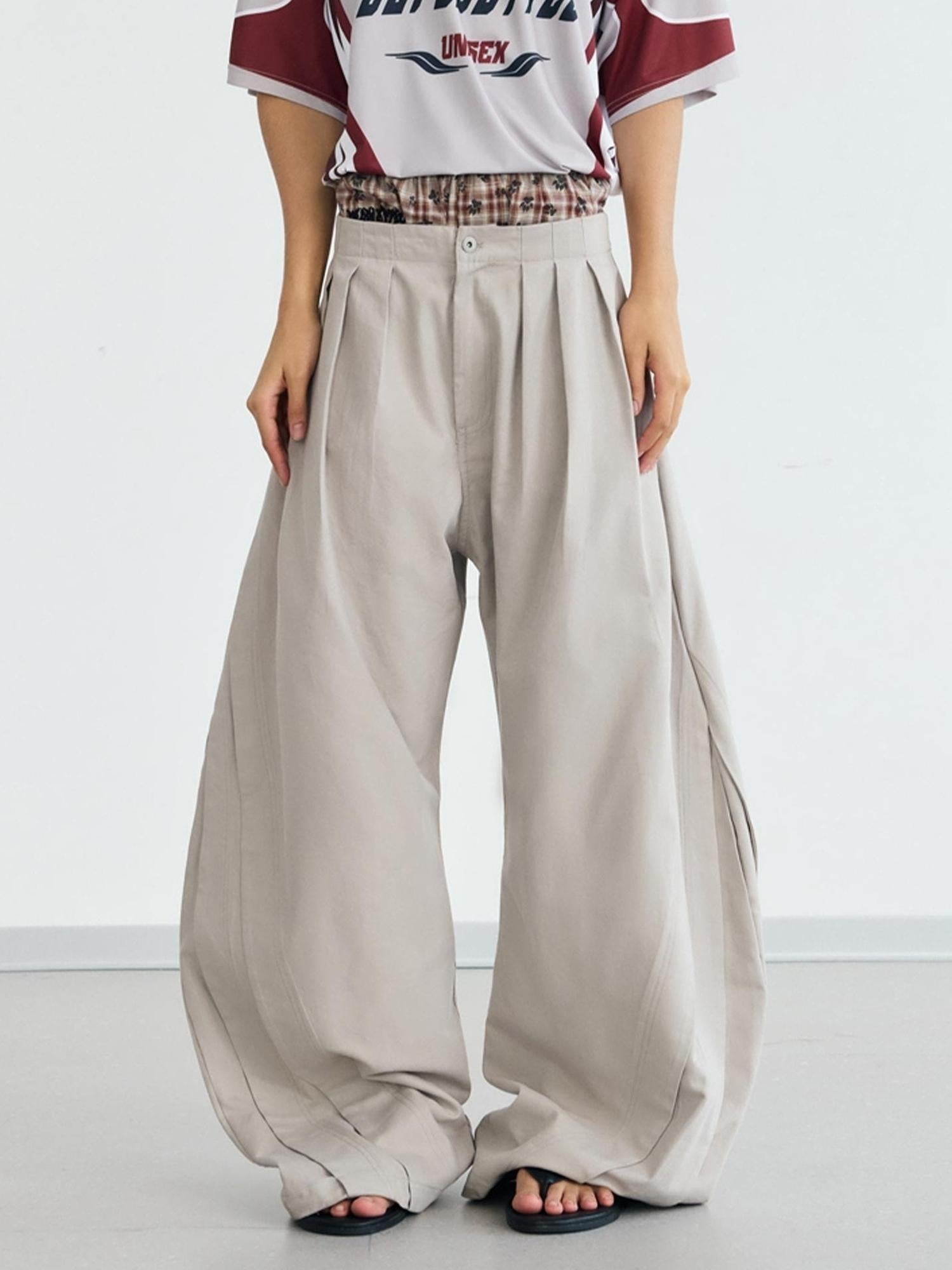 Peoplesense Vintage Wrinkle Drape Curved Knife Trousers Loose Fit Polyester Gray