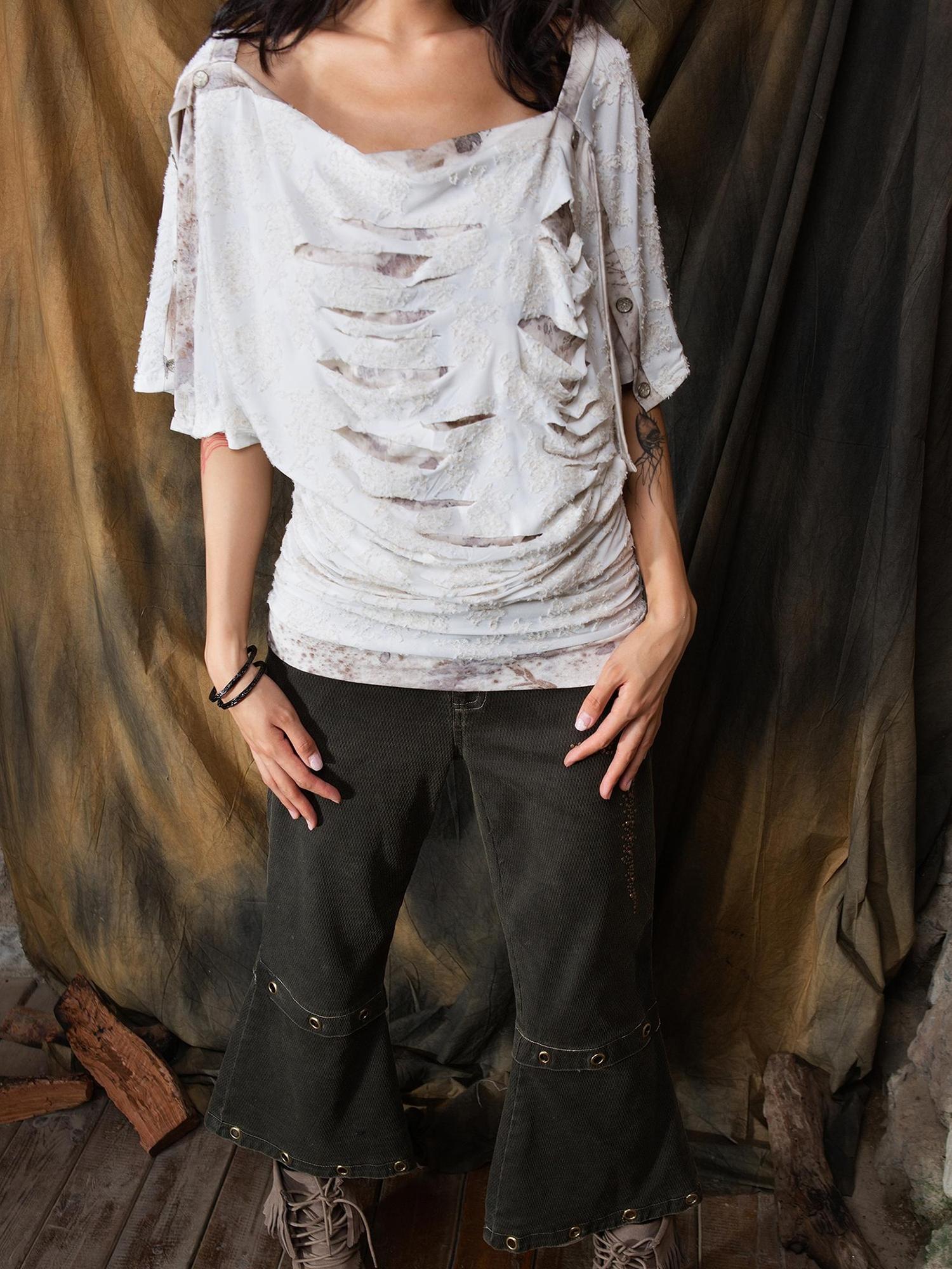 ARIADNAw Vintage Y2K Collage Tee Asymmetrical Cut Out Top Retro Contrast Splicing