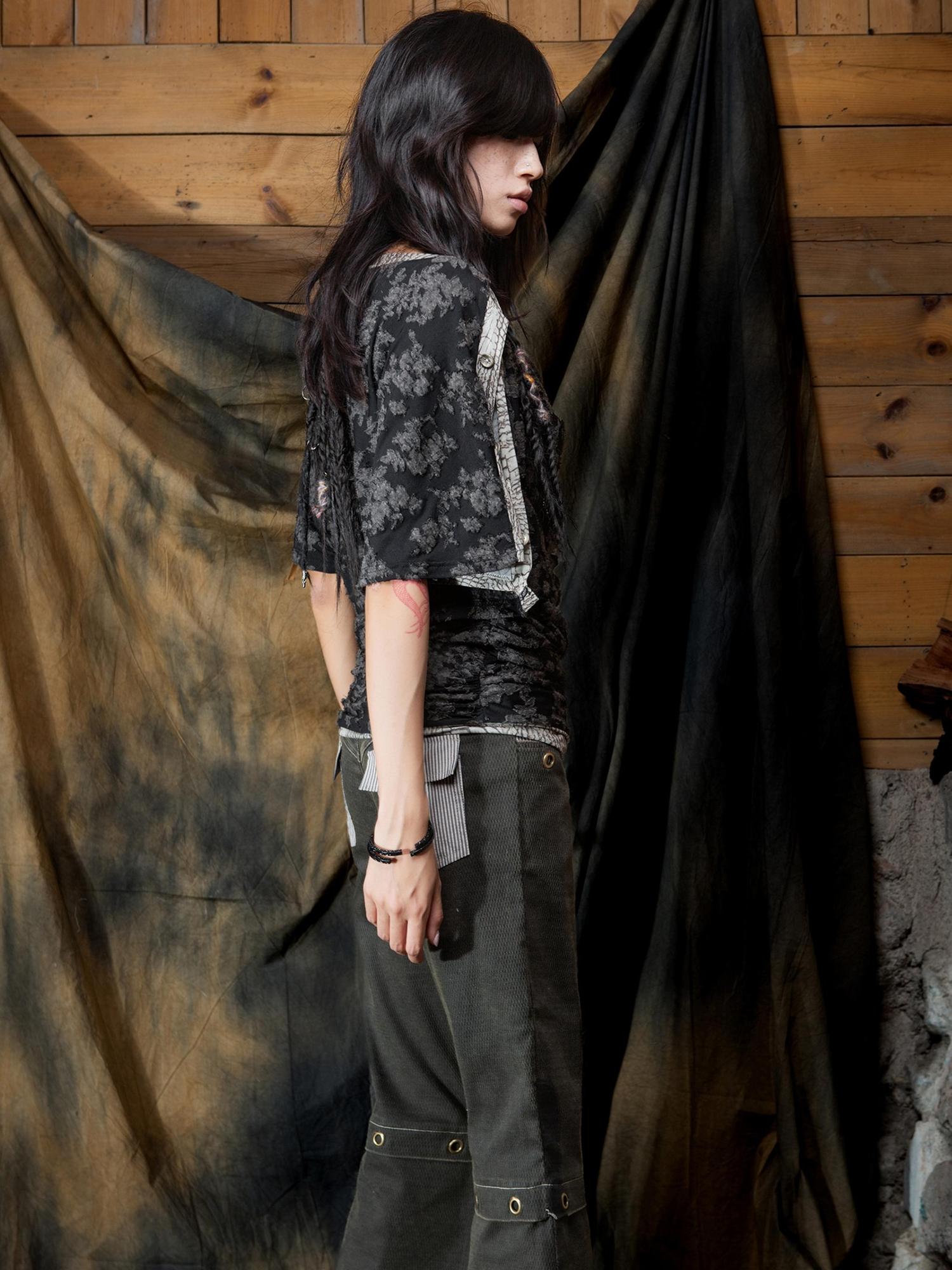 ARIADNAw Vintage Y2K Collage Tee Asymmetrical Cut Out Top Retro Contrast Splicing