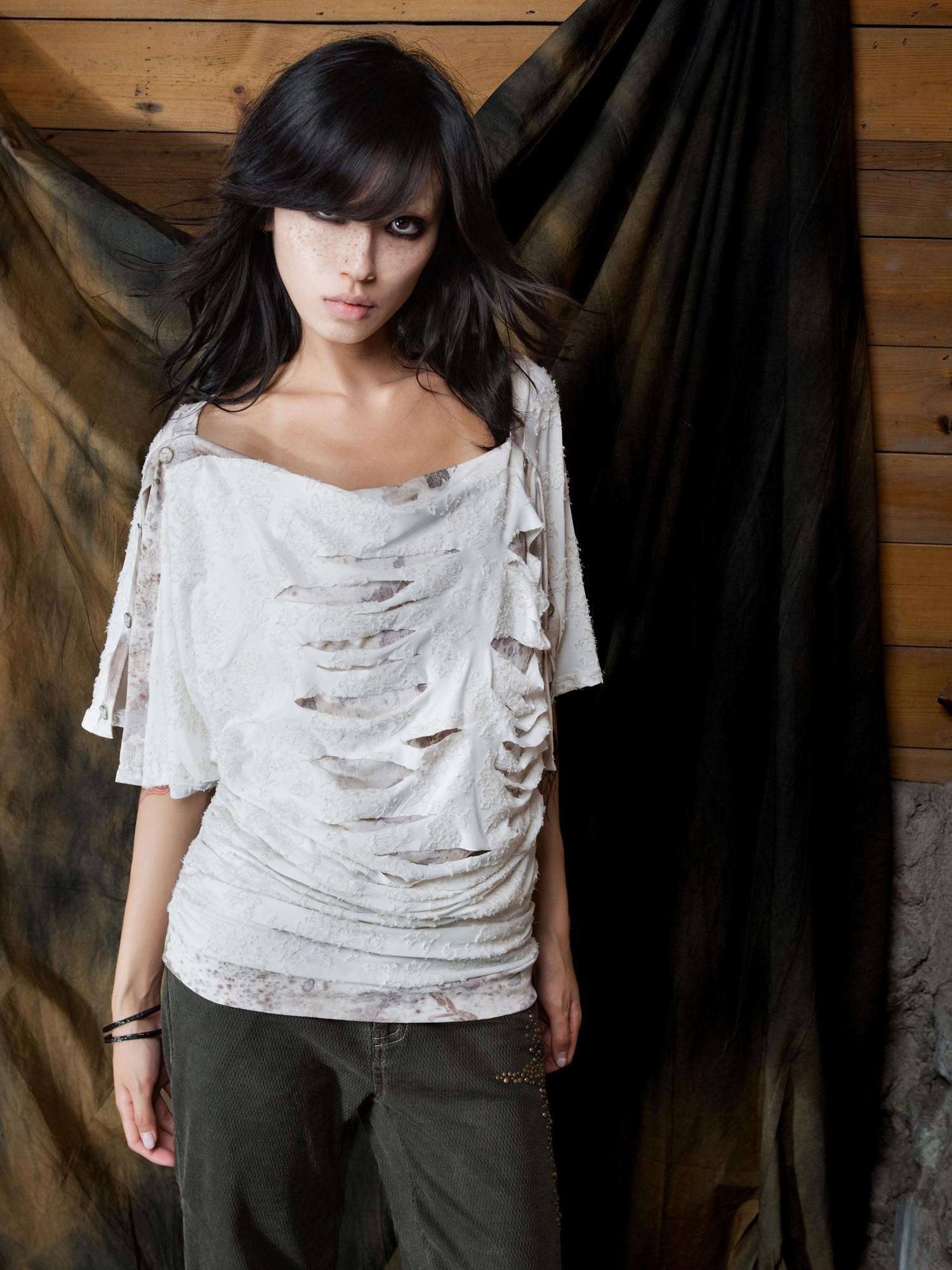 ARIADNAw Vintage Y2K Collage Tee Asymmetrical Cut Out Top Retro Contrast Splicing