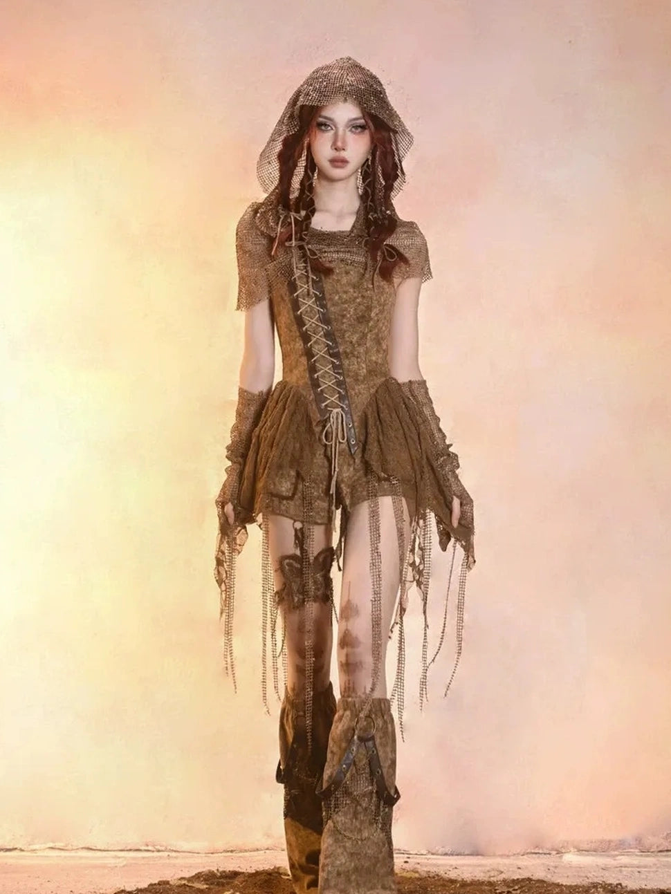 Virtual Orbit Asymmetric Distressed Denim Bustier Top