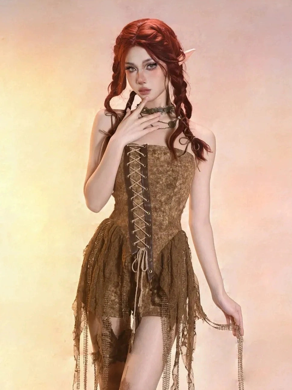 Virtual Orbit Asymmetric Distressed Denim Bustier Top