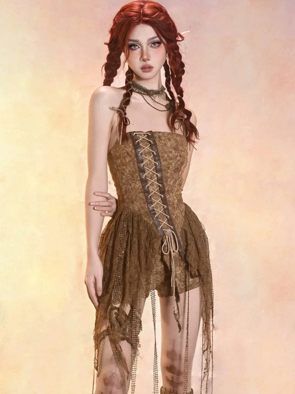 Virtual Orbit Asymmetric Distressed Denim Bustier Top