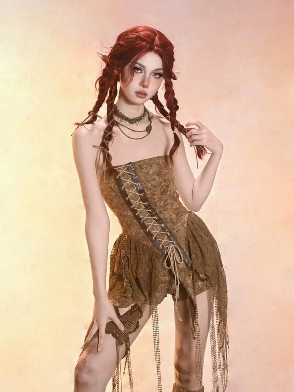Virtual Orbit Asymmetric Distressed Denim Bustier Top