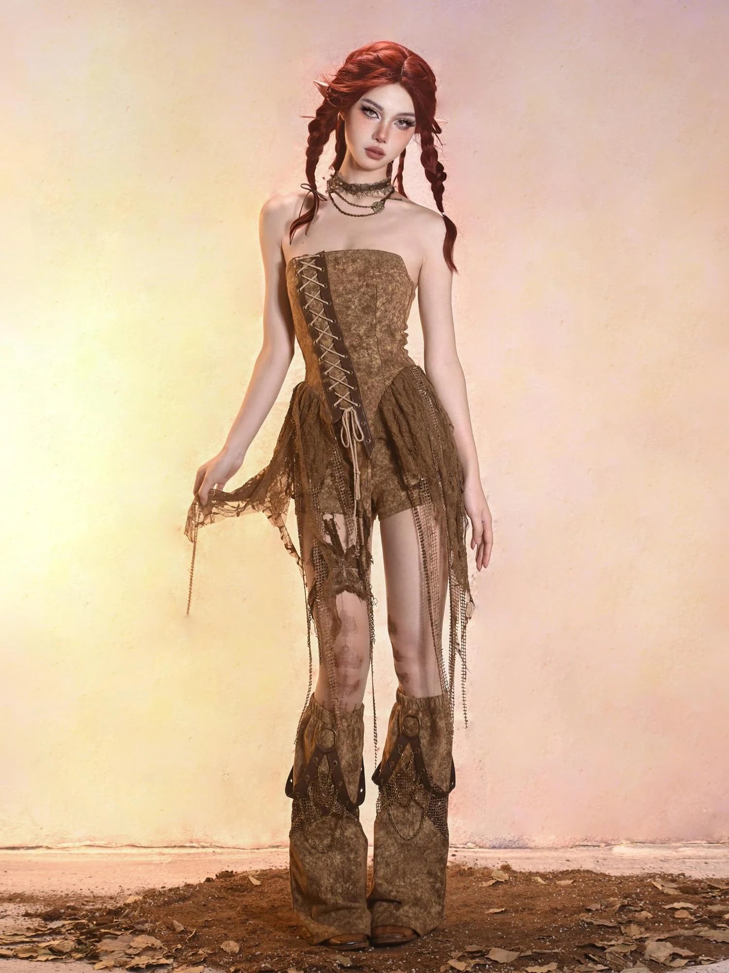 Virtual Orbit Asymmetric Distressed Denim Bustier Top
