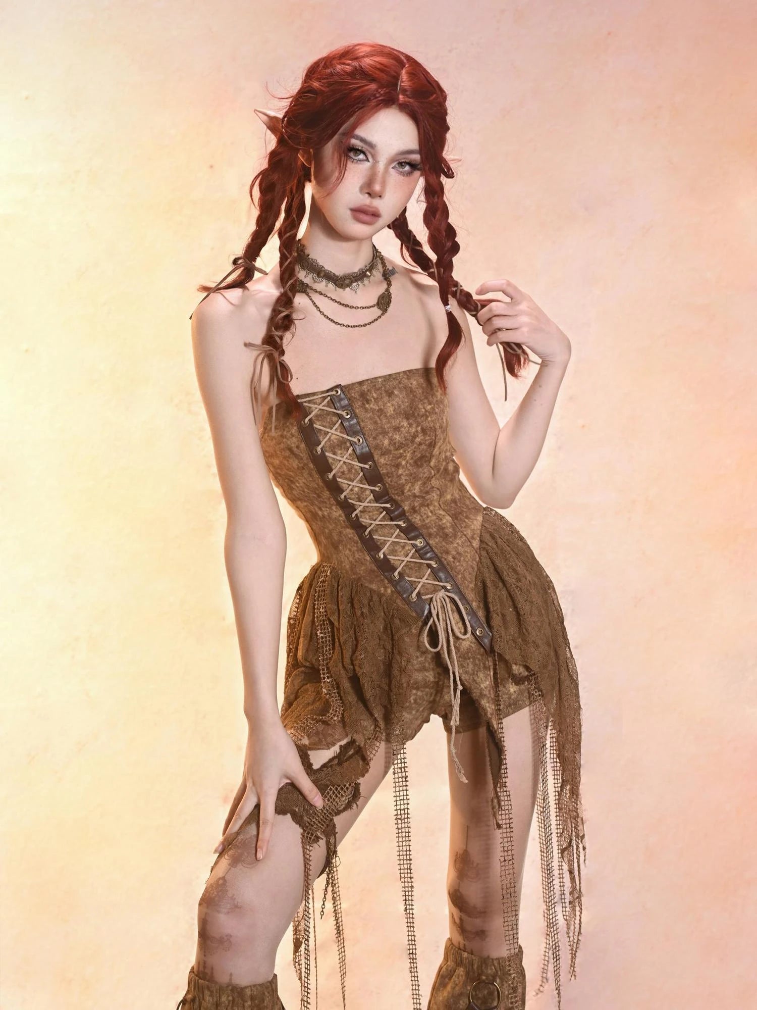Virtual Orbit Asymmetric Distressed Denim Bustier Top